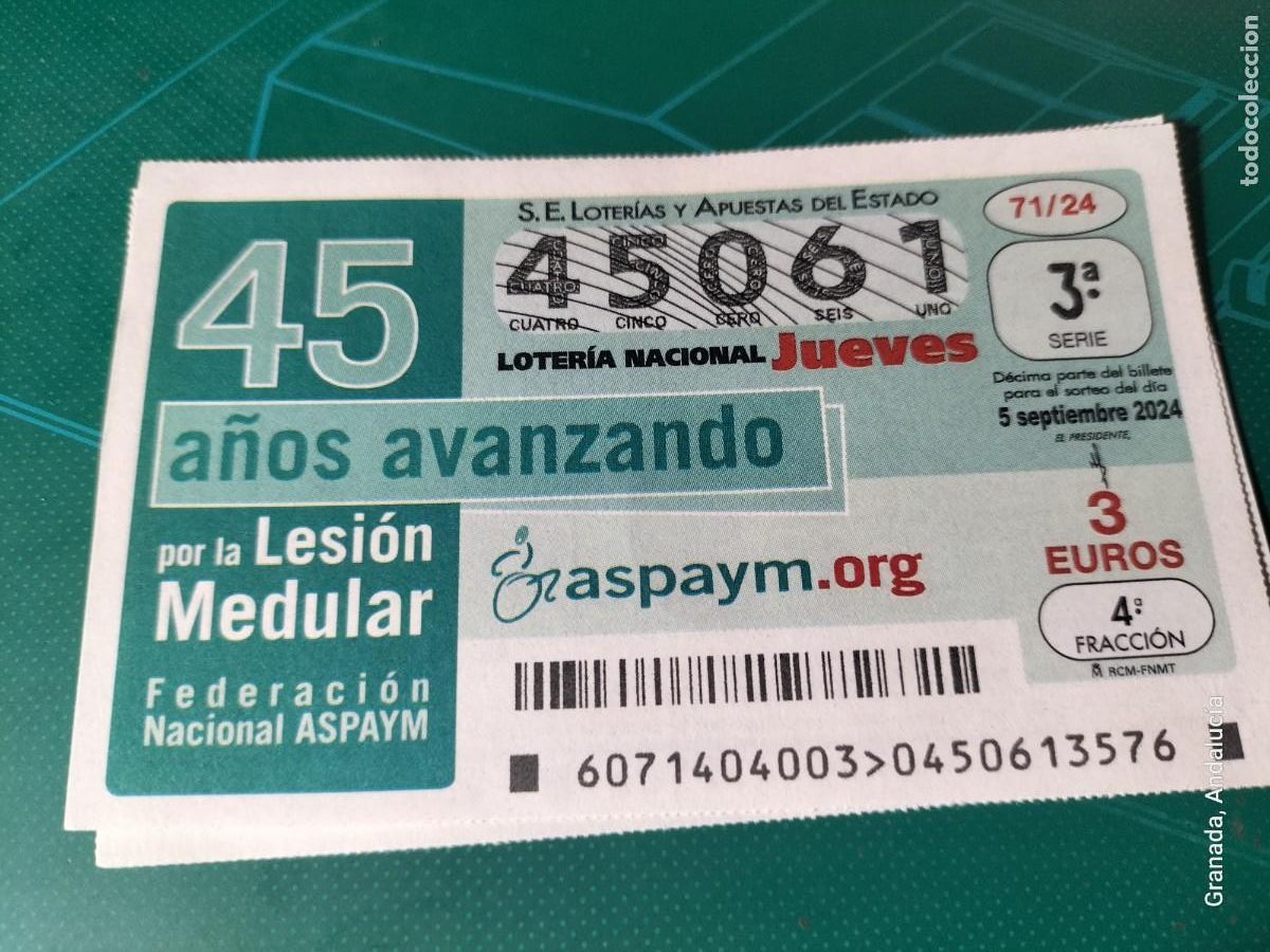 Loterie Nationale: 1 D&Eacute;CIMO LOTER&Iacute;A JUEVES 5 SEPTIEMBRE 2024 71/24 45 A&Ntilde;OS LUCHANDO POR LA LESION MEDULAR