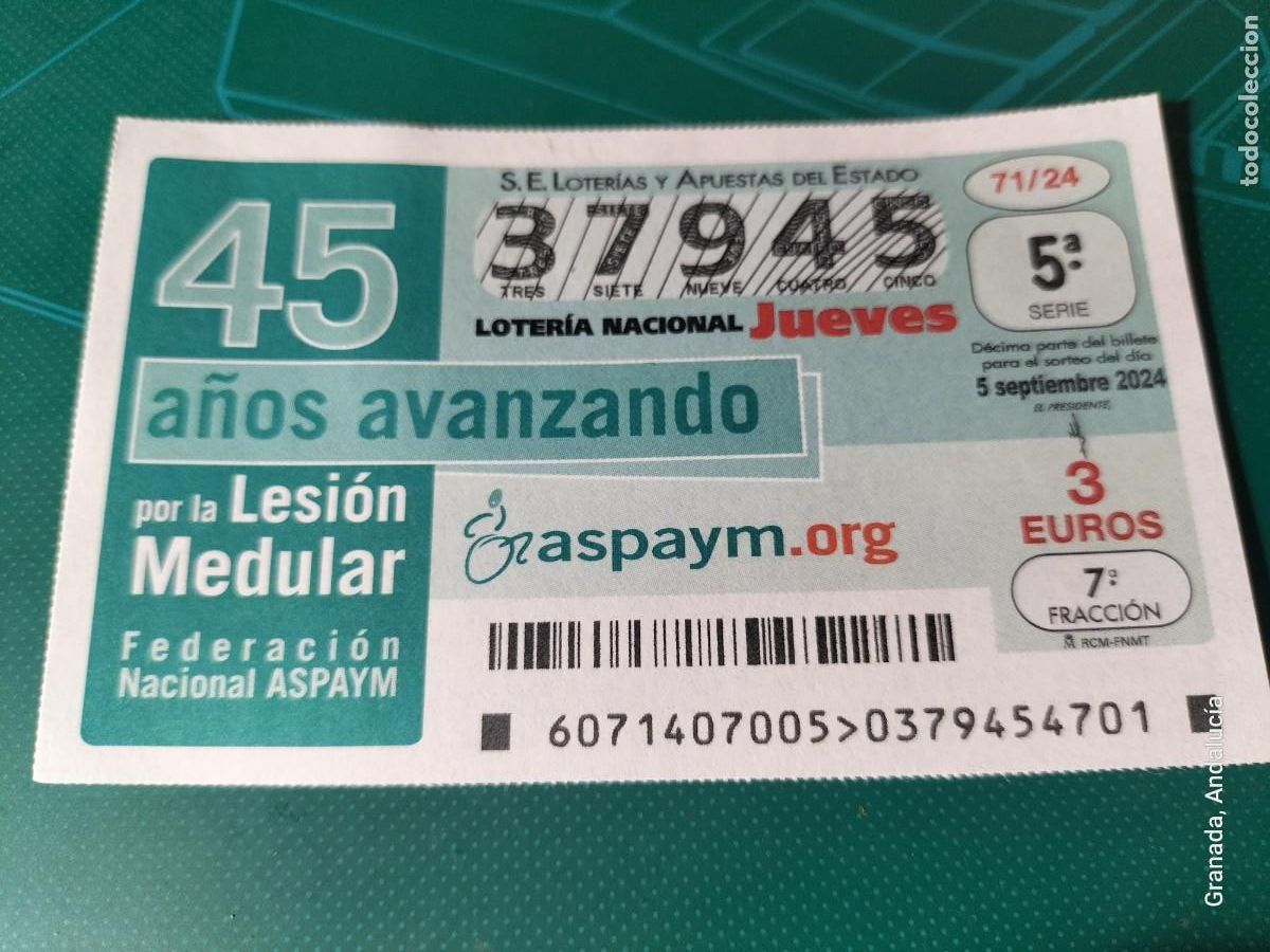 Loterie Nationale: 1 D&Eacute;CIMO LOTER&Iacute;A JUEVES 5 SEPTIEMBRE 2024 71/24 45 A&Ntilde;OS LUCHANDO POR LA LESION MEDULAR