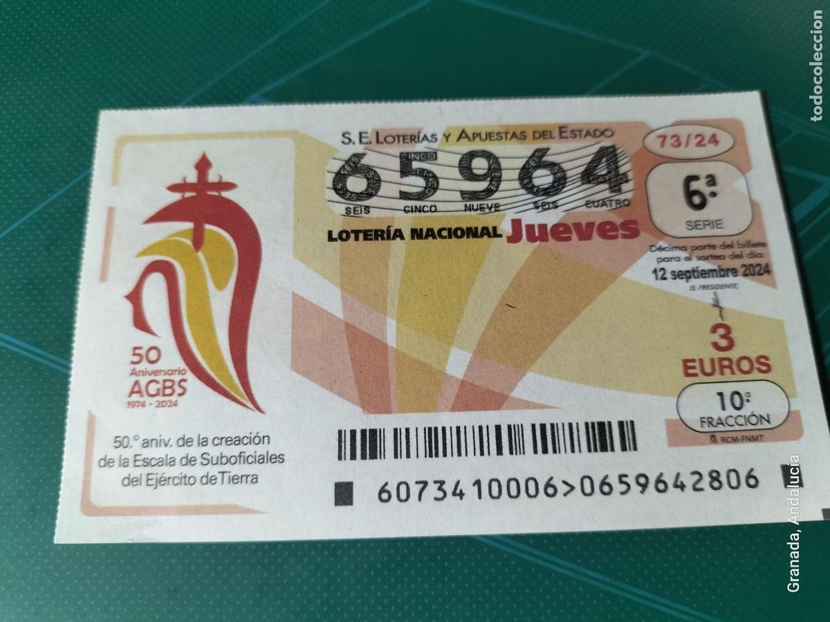 Loterie Nationale: 1 D&Eacute;CIMO LOTER&Iacute;A JUEVES 12 SEPTIEMBRE 2024 73/24 EJ&Eacute;RCITO TIERRA MILITAR ANIV ESCALA SUBOFICIALES