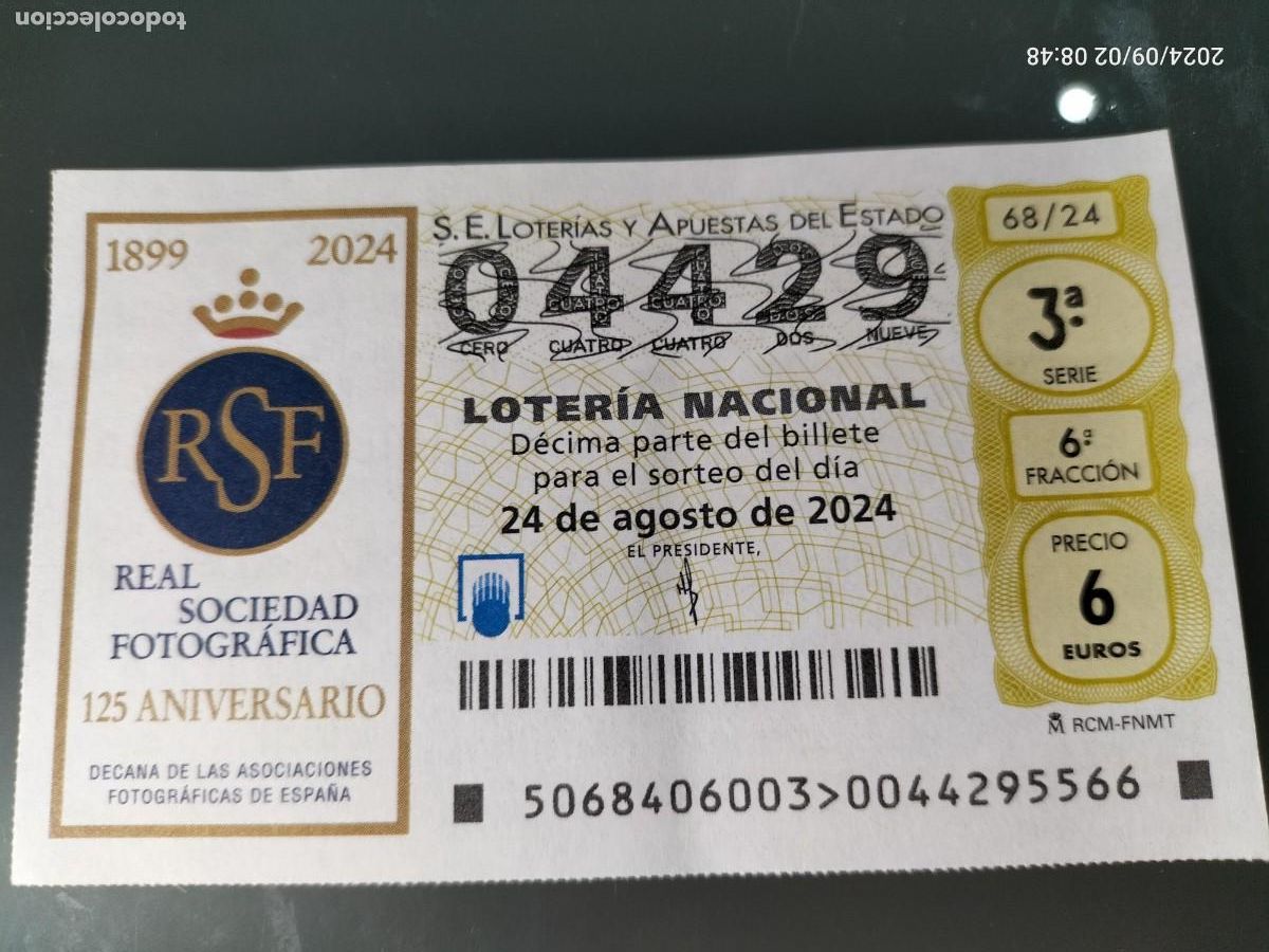 Loterie Nationale: 1 D&Eacute;CIMO LOTER&Iacute;A S&Aacute;BADO 24 AGOSTO 2024 68/24 REAL SOCIEDAD FOTOGRAFICA 125 ANIV FOTOGRAFIA