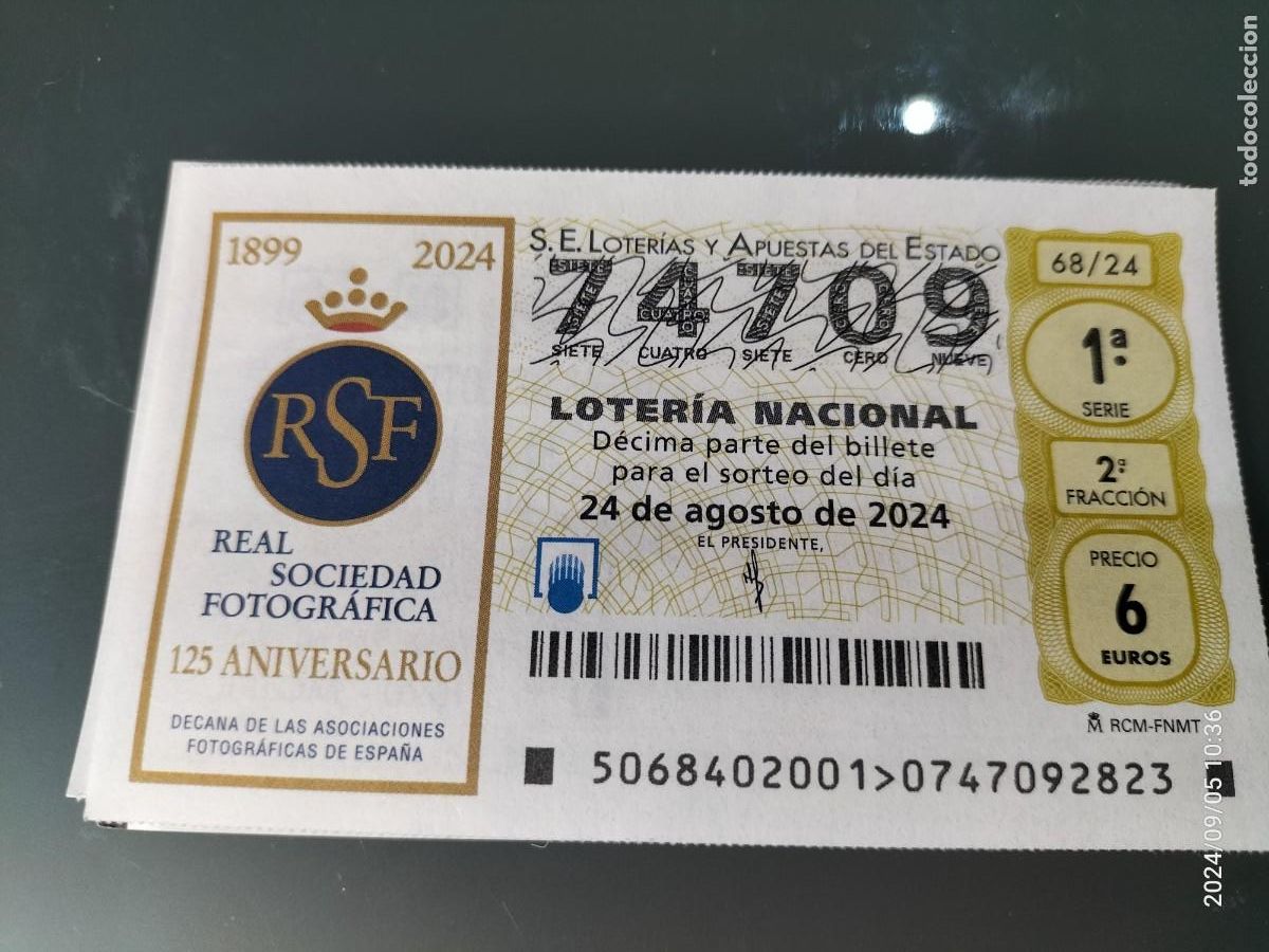 Loterie Nationale: 1 D&Eacute;CIMO LOTER&Iacute;A SABADO 24 AGOSTO 2024 68/24 REAL SOCIEDAD FOTOGRAFICA 125 ANIV FOTOS