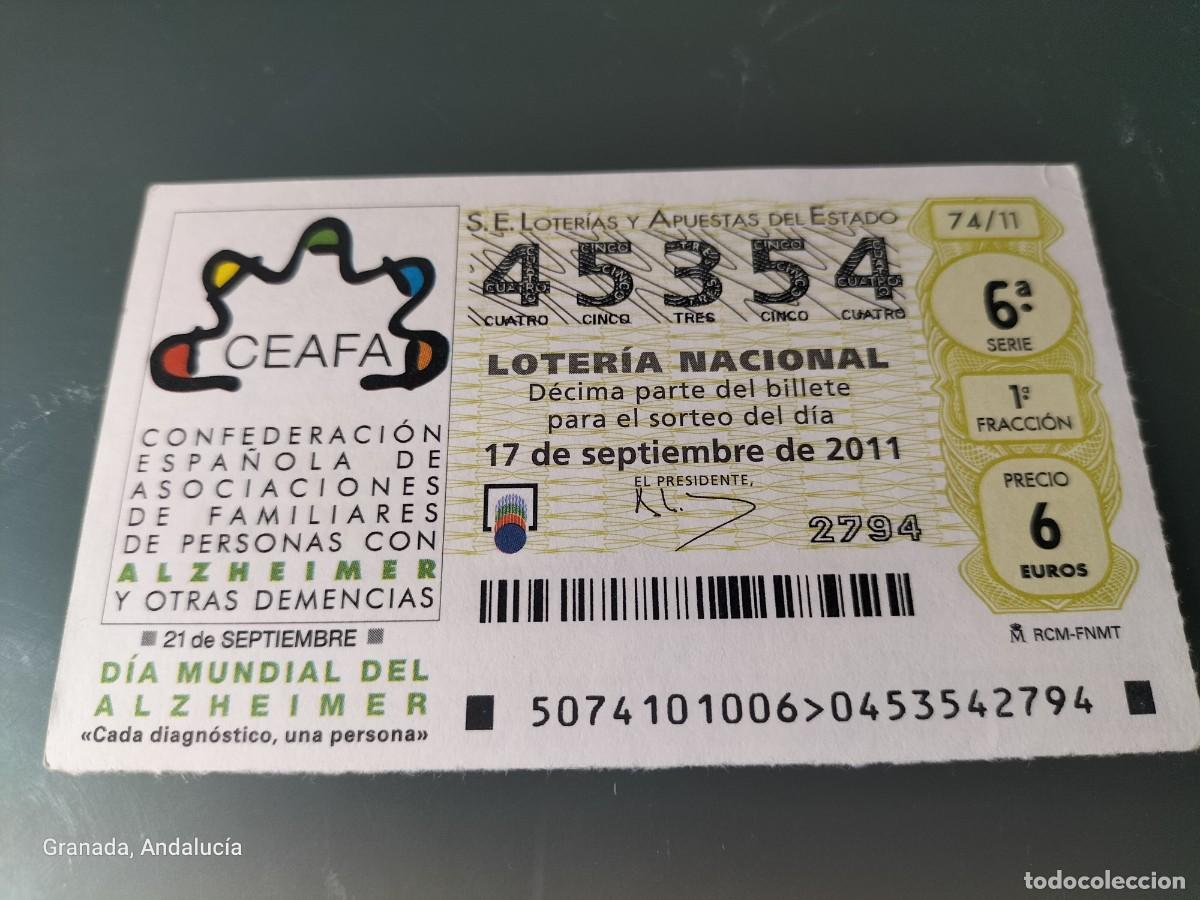 Loterie Nationale: 1 DECIMO LOTERIA DEL SABADO - 17 SEPTIEMBRE 2011 - 74/11 - CAPICUA - DIA MUNDIAL DEL ALZHEIMER