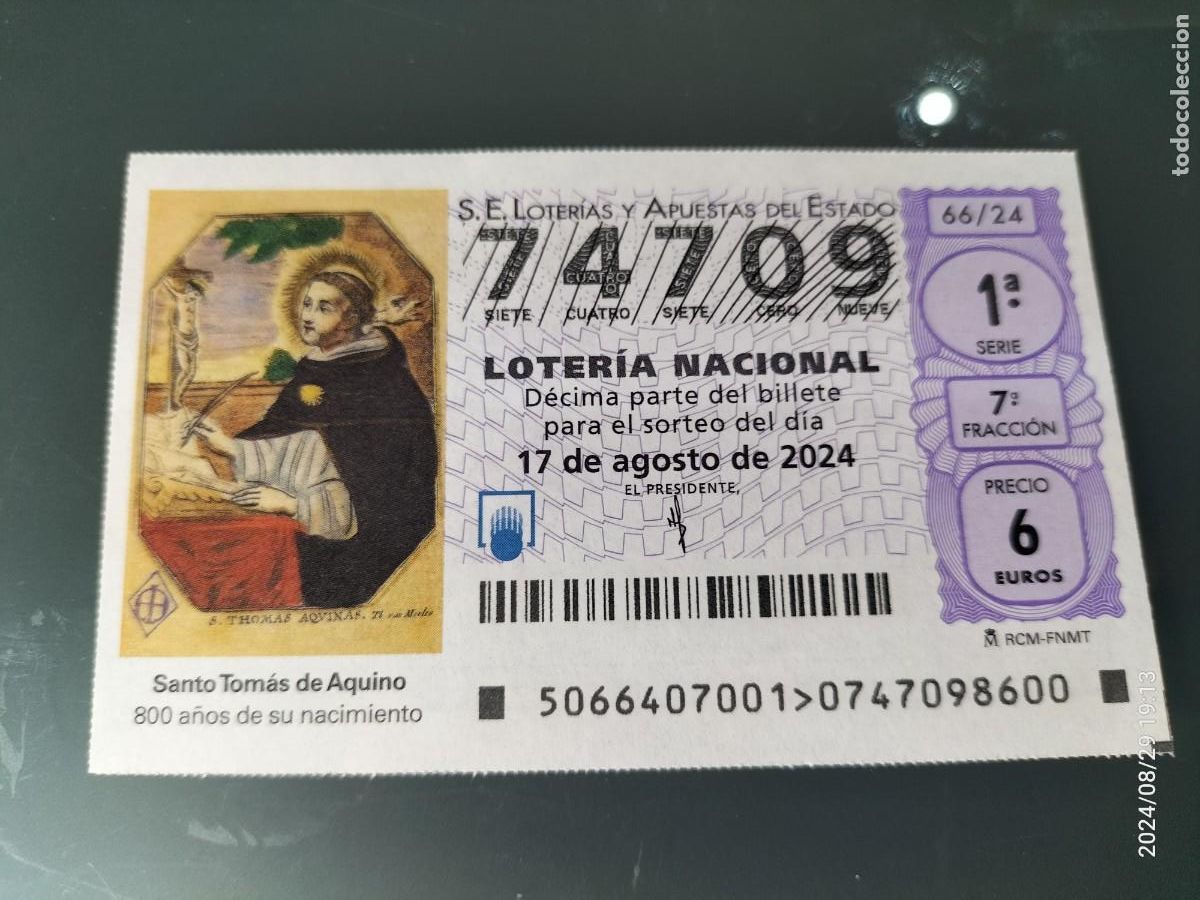 Loterie Nationale: 1 D&Eacute;CIMO LOTER&Iacute;A S&Aacute;BADO 17 AGOSTO 2024 66/24 SANTO TOMAS DE AQUINO 800 ANIVERSARIO