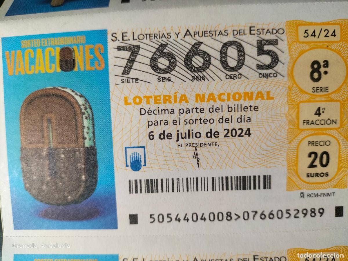 Loterie Nationale: 1 DECIMO LOTERIA SABADO - 6 JULIO 2024 - 54/24 - SORTEO EXTRAORDINARIO VACACIONES - HELADO SANDWICH