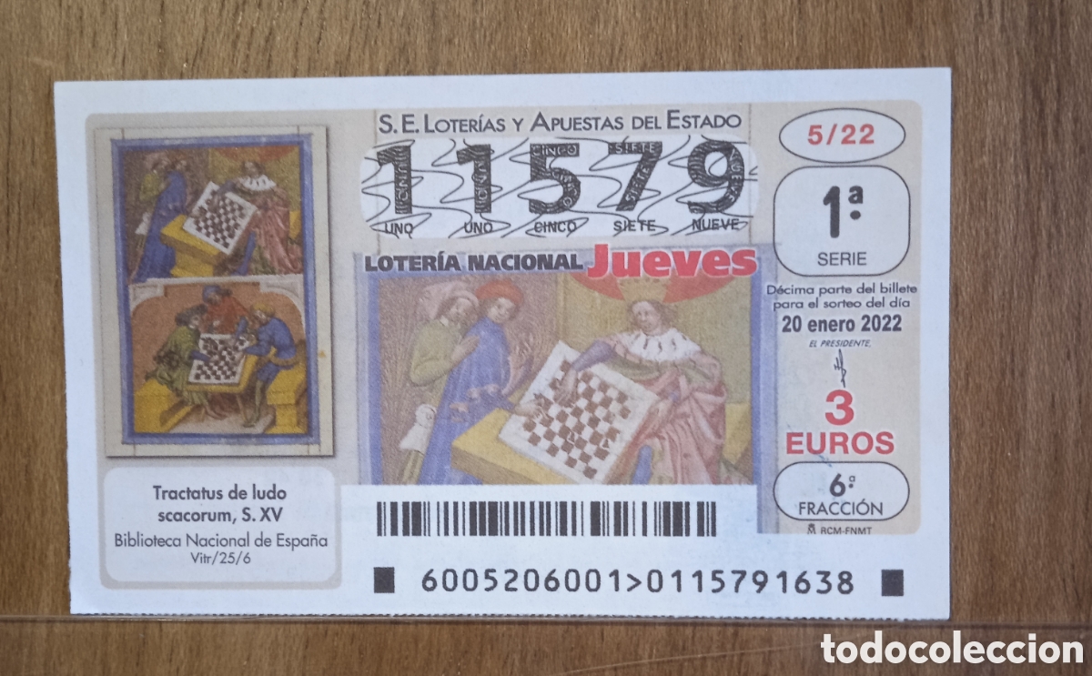 Loter&iacute;a Nacional: D&eacute;cimo Loteria Nacional Jueves, n. 11579. 20 Enero 2022. Adm. Virgen del Pilar, Malaga