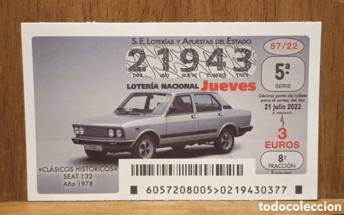 Loter&iacute;a Nacional: D&eacute;cimo Loteria Nacional Jueves n. 21943 sorteo 57/22 Adm. Virgen del Pilar. M&aacute;laga