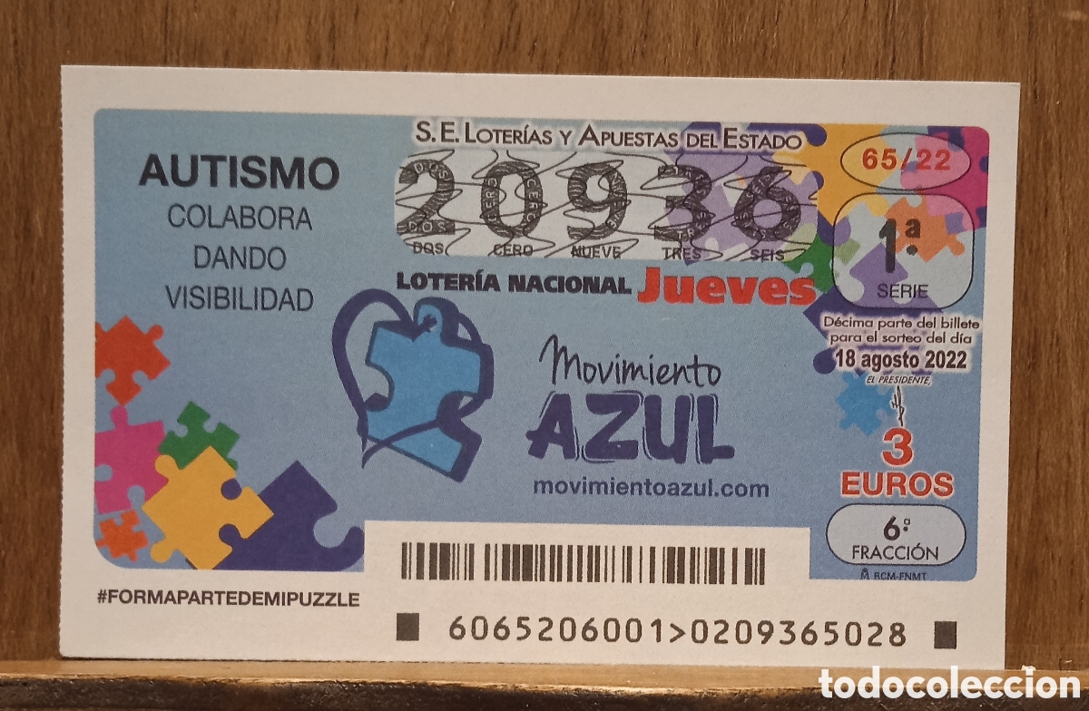 Loter&iacute;a Nacional: D&eacute;cimo Loteria Nacional Jueves n. 20936 sorteo 65/22 Adm. Virgen del Pilar. M&aacute;laga