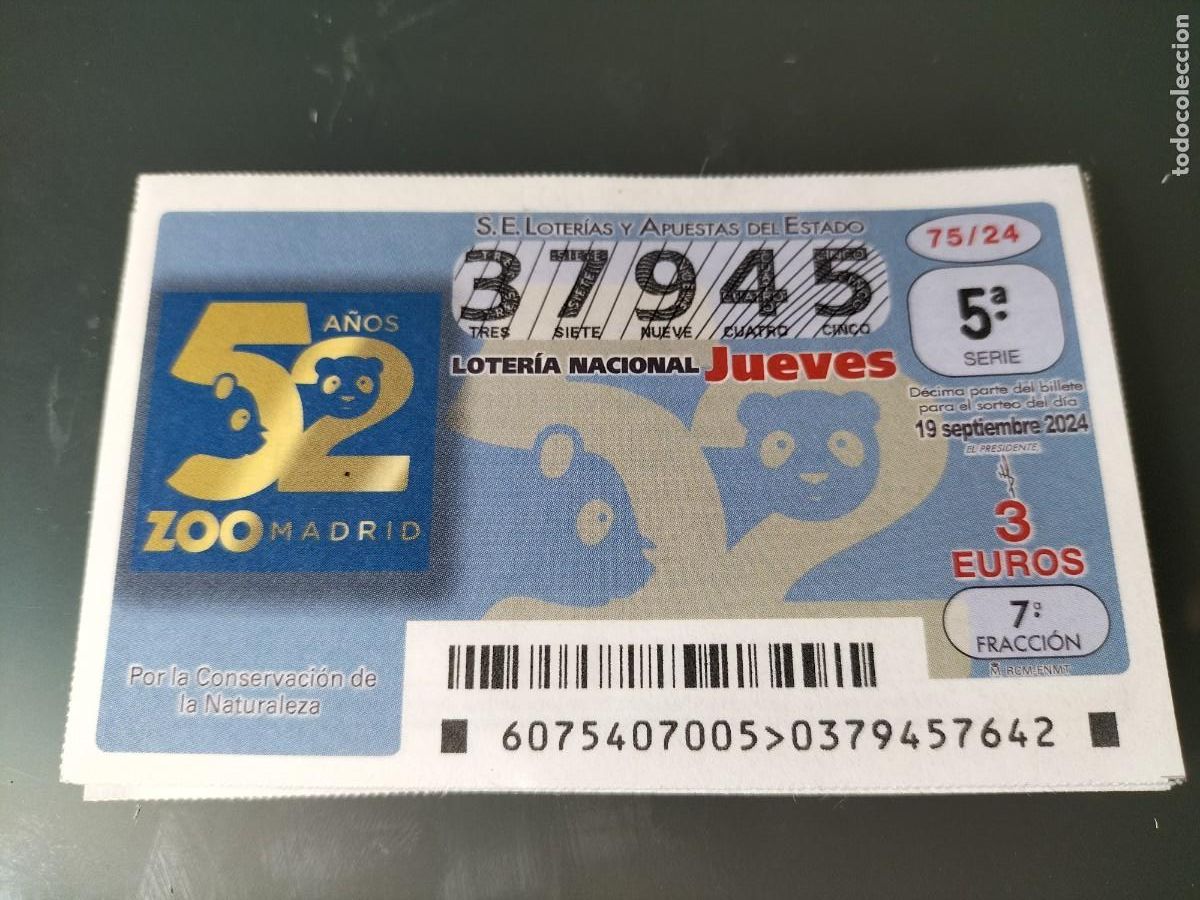 Loterie Nationale: 1 D&Eacute;CIMO LOTER&Iacute;A JUEVES 19 SEPTIEMBRE 2024 75/24 52 ANIVERSARIO DEL ZOO DE MADRID
