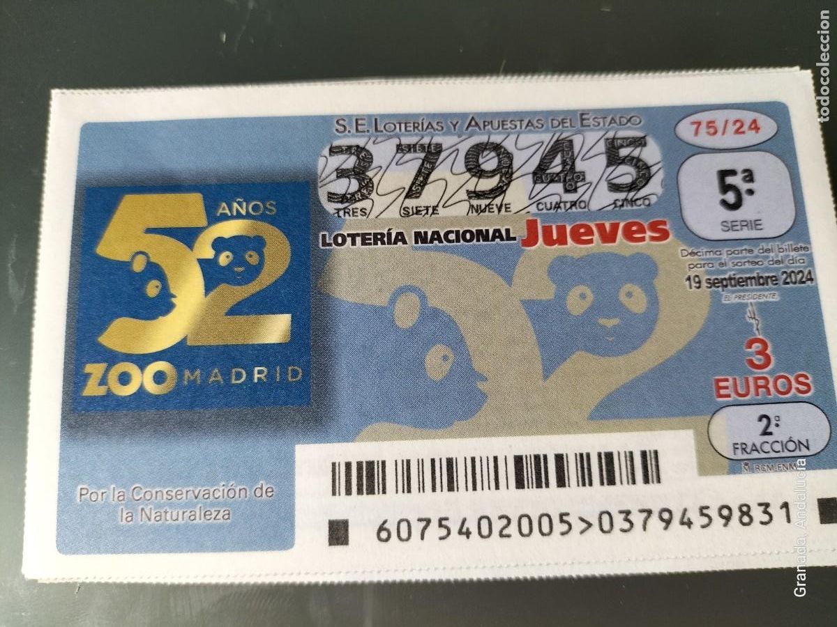 Loterie Nationale: 1 D&Eacute;CIMO LOTER&Iacute;A JUEVES 19 SEPTIEMBRE 2024 75/24 52 ANIVERSARIO DEL ZOO DE MADRID
