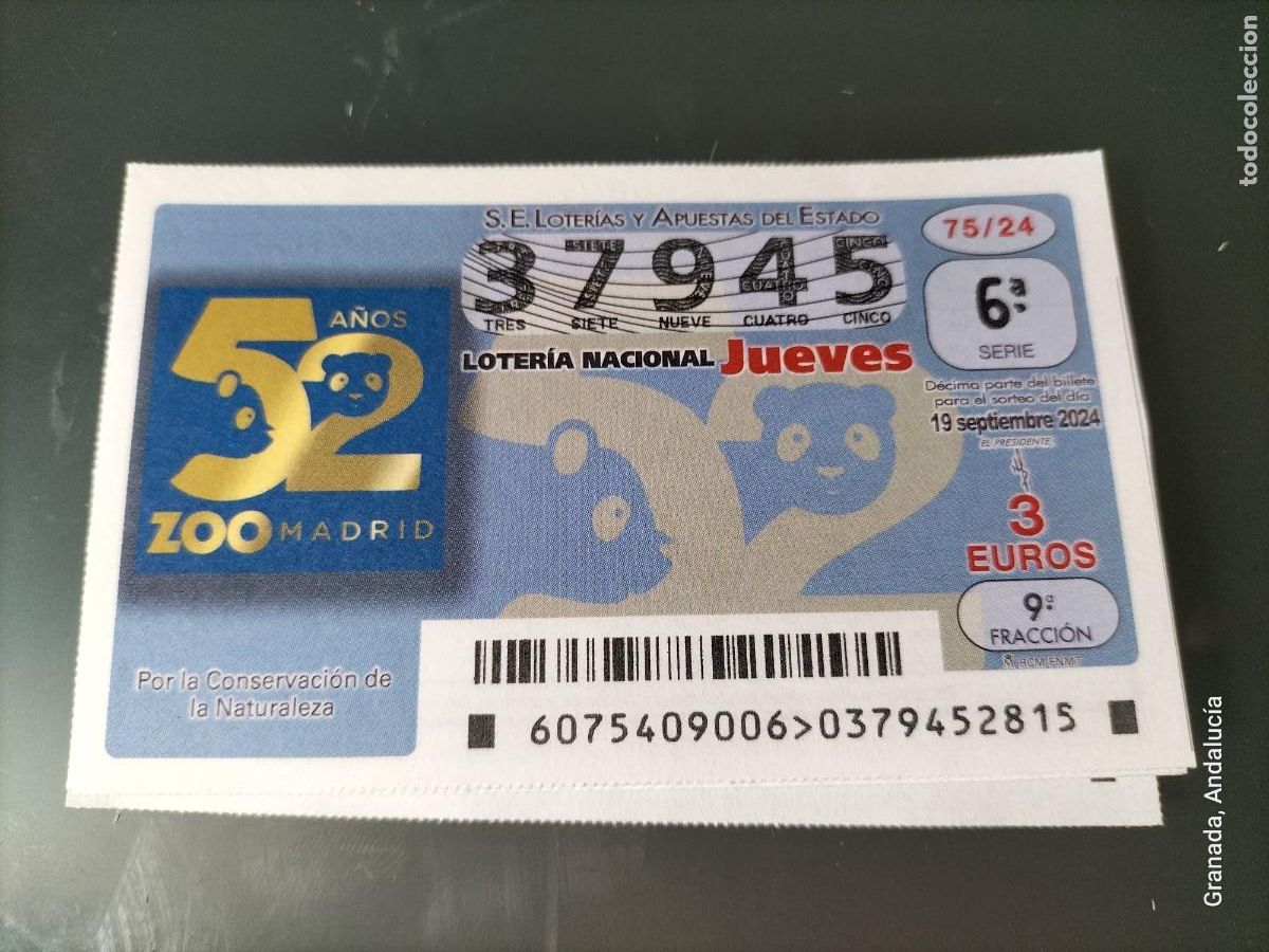 Loterie Nationale: 1 D&Eacute;CIMO LOTER&Iacute;A JUEVES 19 SEPTIEMBRE 2024 75/24 52 ANIVERSARIO DEL ZOO DE MADRID