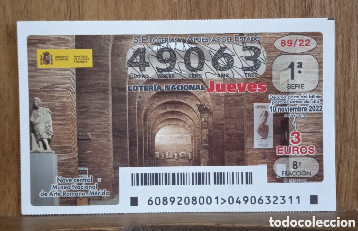 Loter&iacute;a Nacional: D&eacute;cimo Loteria Nacional Jueves n. 49063 sorteo 89/22 Adm. Virgen del Pilar. M&aacute;laga
