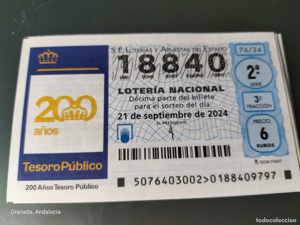 Loterie Nationale: 1 D&Eacute;CIMO LOTER&Iacute;A SABADO 21 SEPTIEMBRE 2024 76/24 52 TESORO P&Uacute;BLICO 200 A&Ntilde;OS