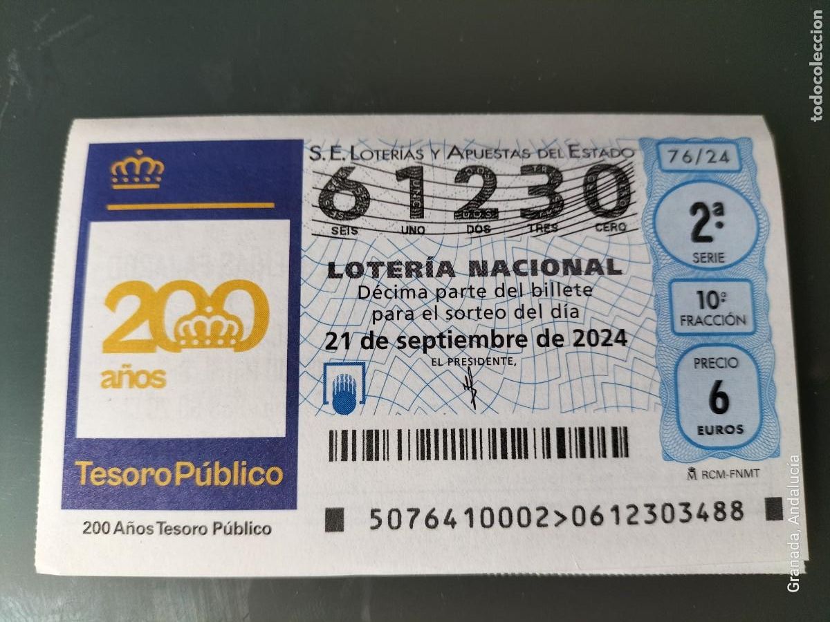 Loterie Nationale: 1 D&Eacute;CIMO LOTER&Iacute;A SABADO 21 SEPTIEMBRE 2024 76/24 52 TESORO P&Uacute;BLICO 200 A&Ntilde;OS