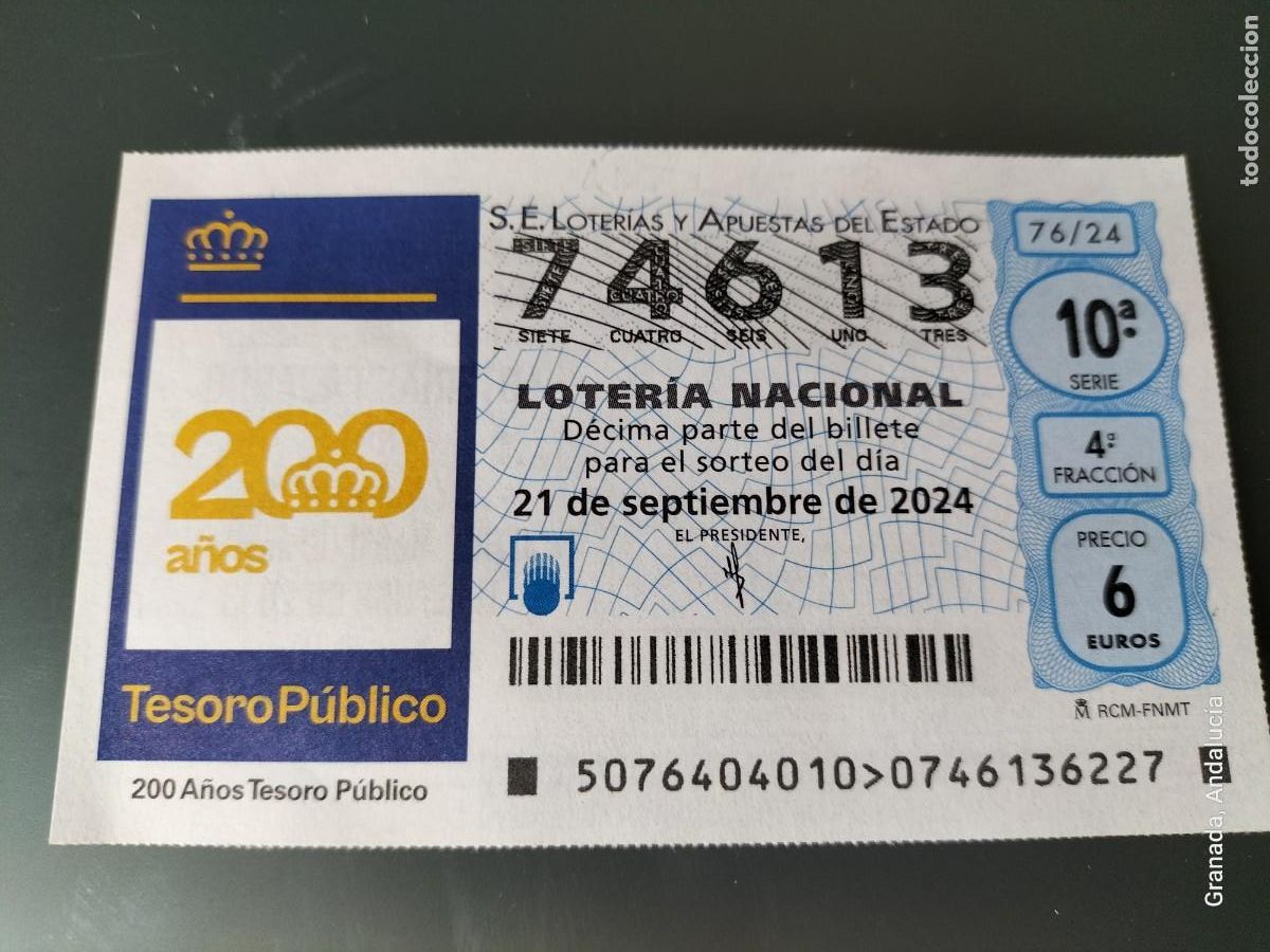 Loterie Nationale: 1 D&Eacute;CIMO LOTER&Iacute;A SABADO 21 SEPTIEMBRE 2024 76/24 52 TESORO P&Uacute;BLICO 200 A&Ntilde;OS