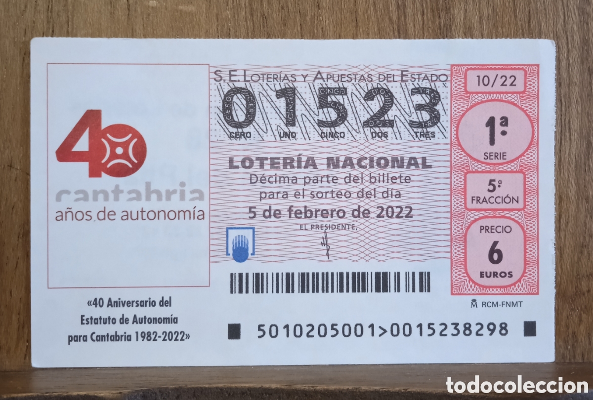 Loter&iacute;a Nacional: D&eacute;cimo Loteria Nacional n. 01523 sorteo 10/22 Adm. Virgen del Pilar. M&aacute;laga