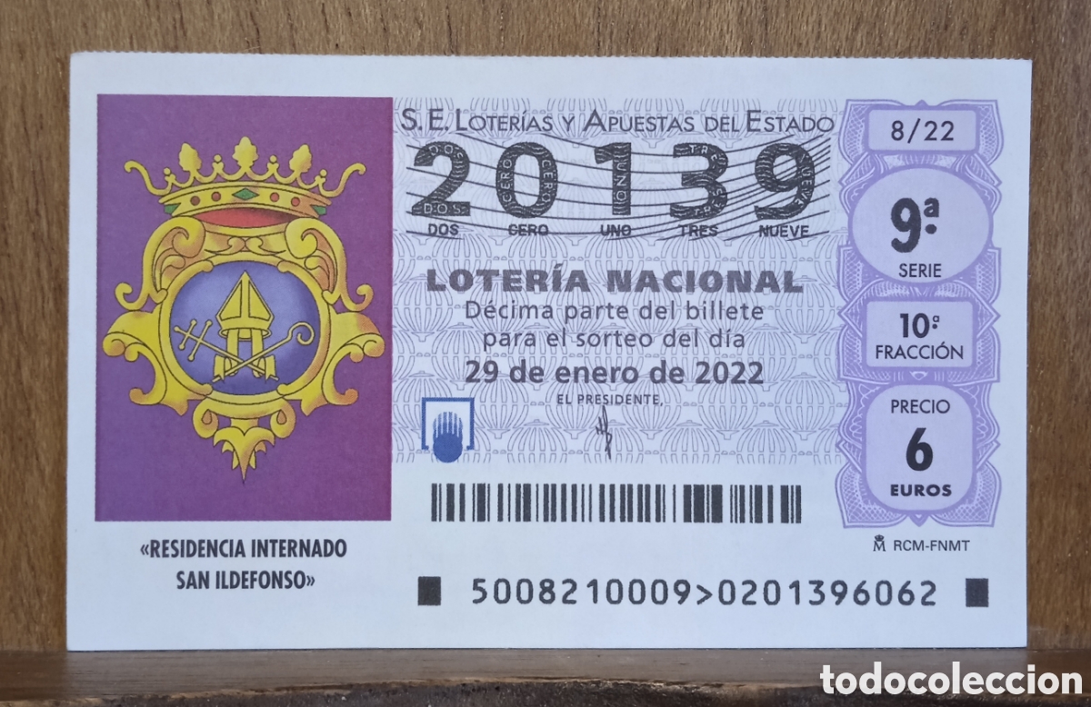 Loter&iacute;a Nacional: D&eacute;cimo Loteria Nacional n. 20139 sorteo 8/22 Adm. Virgen del Pilar. M&aacute;laga