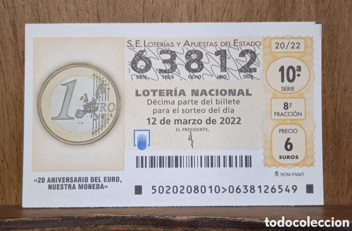 Loter&iacute;a Nacional: D&eacute;cimo Loteria Nacional n. 63812 sorteo 20/22 Adm. Virgen del Pilar. M&aacute;laga