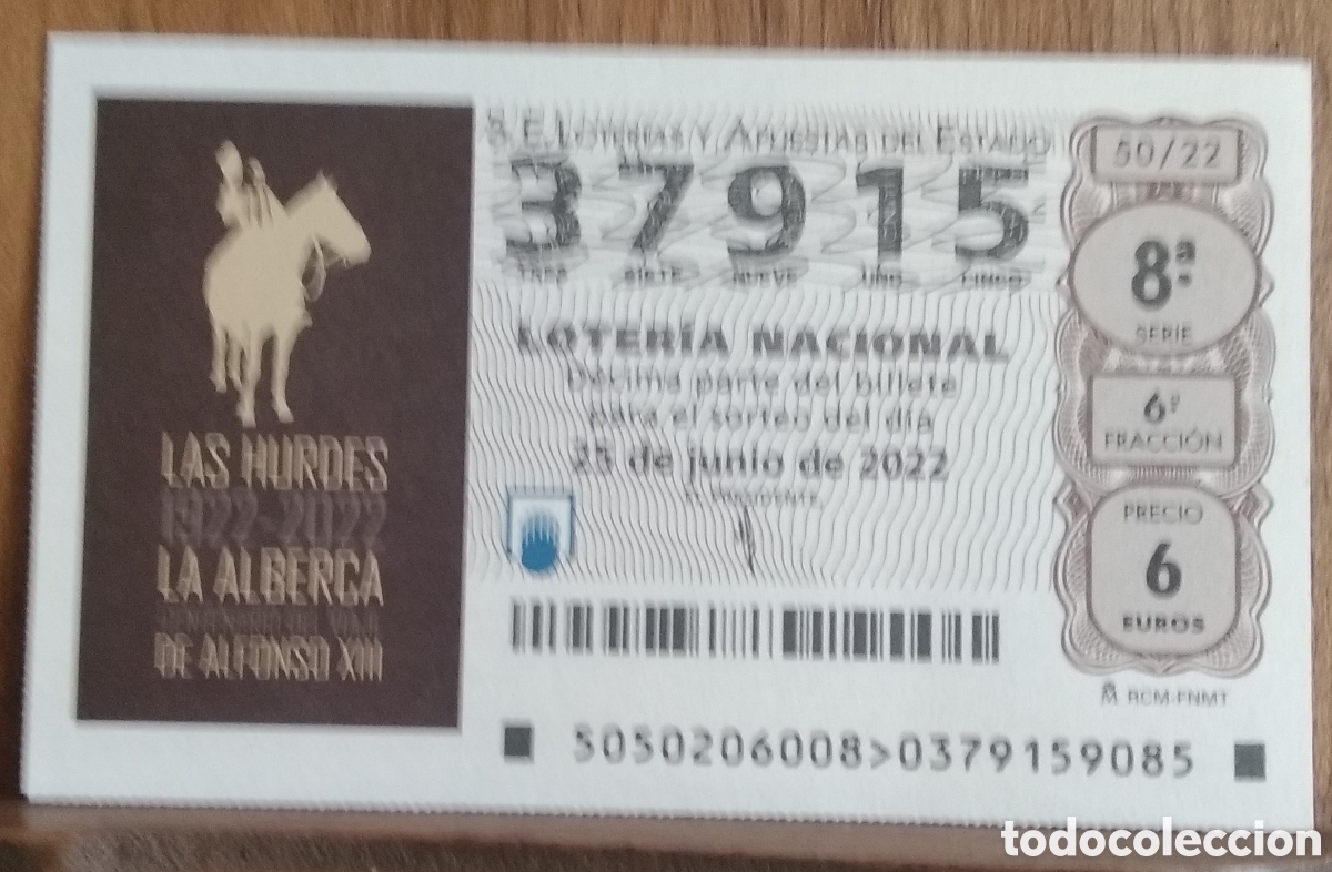 Loter&iacute;a Nacional: D&eacute;cimo loteria nacional n. 37915 sorteo 50/22 Adm. Virgen del Pilar. M&aacute;laga