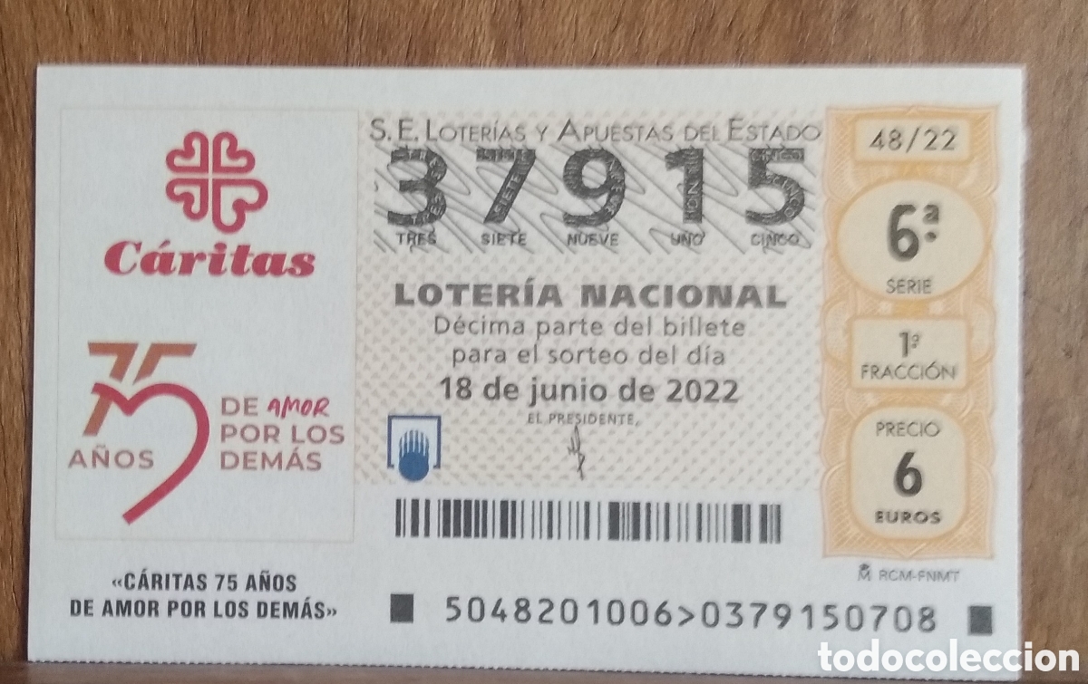 Loter&iacute;a Nacional: D&eacute;cimo loteria Nacional 37915 sorteo 48/22 Adm. Virgen del Pilar. M&aacute;laga