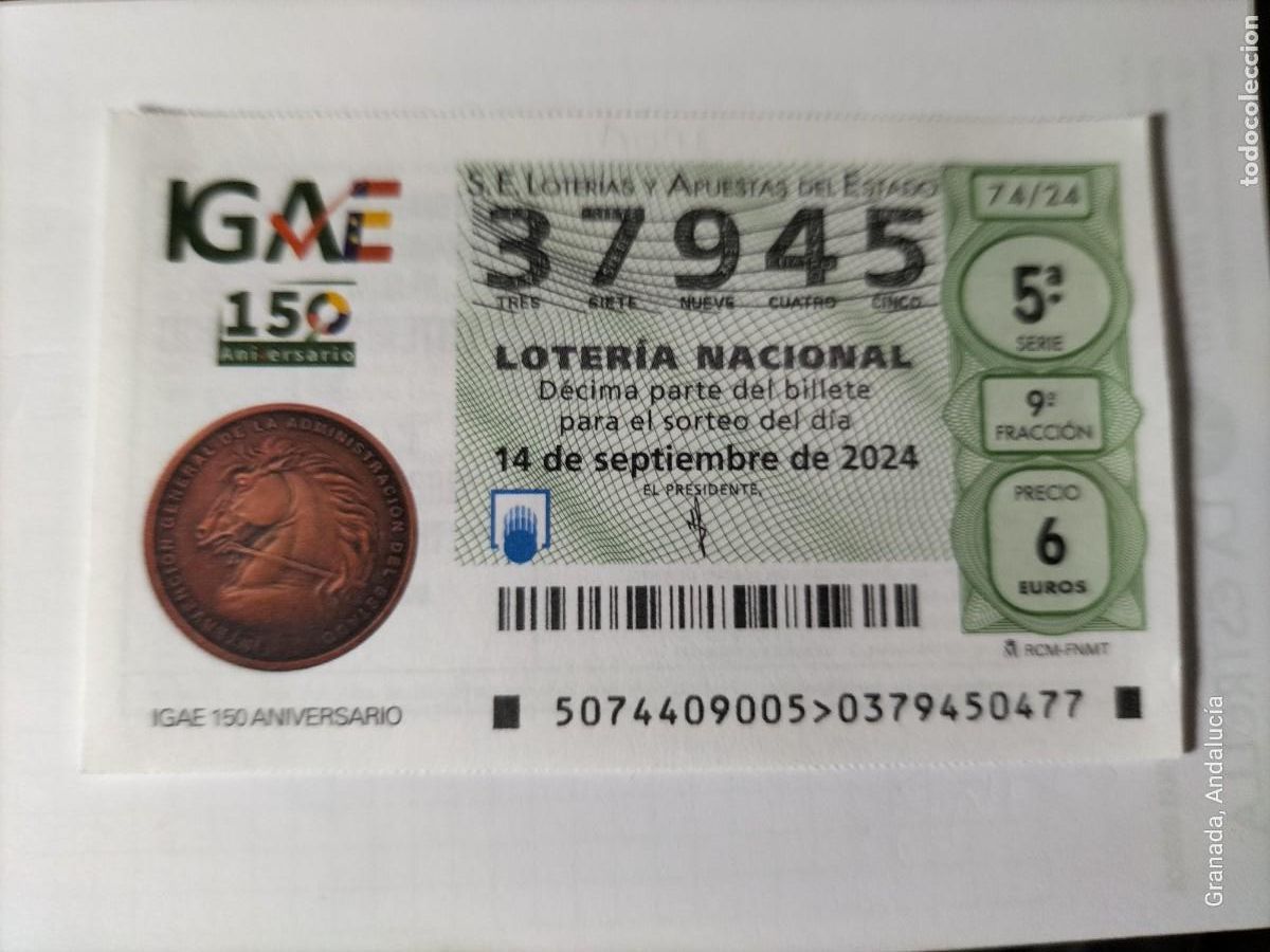 Nationale spanische Lotterie: 1 D&Eacute;CIMO LOTER&Iacute;A S&Aacute;BADO 14 SEPTIEMBRE 2024 74/24 IGAE 150 ANIVERSARIO