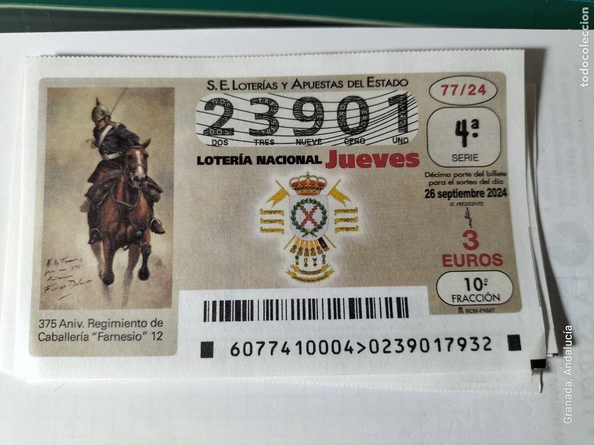 Loterie Nationale: 1 D&Eacute;CIMO LOTER&Iacute;A JUEVES 26 SEPTIEMBRE 2024 77/24 - 375 ANIV REGIMIENTO CABALLERIA FARNESIO MILITAR