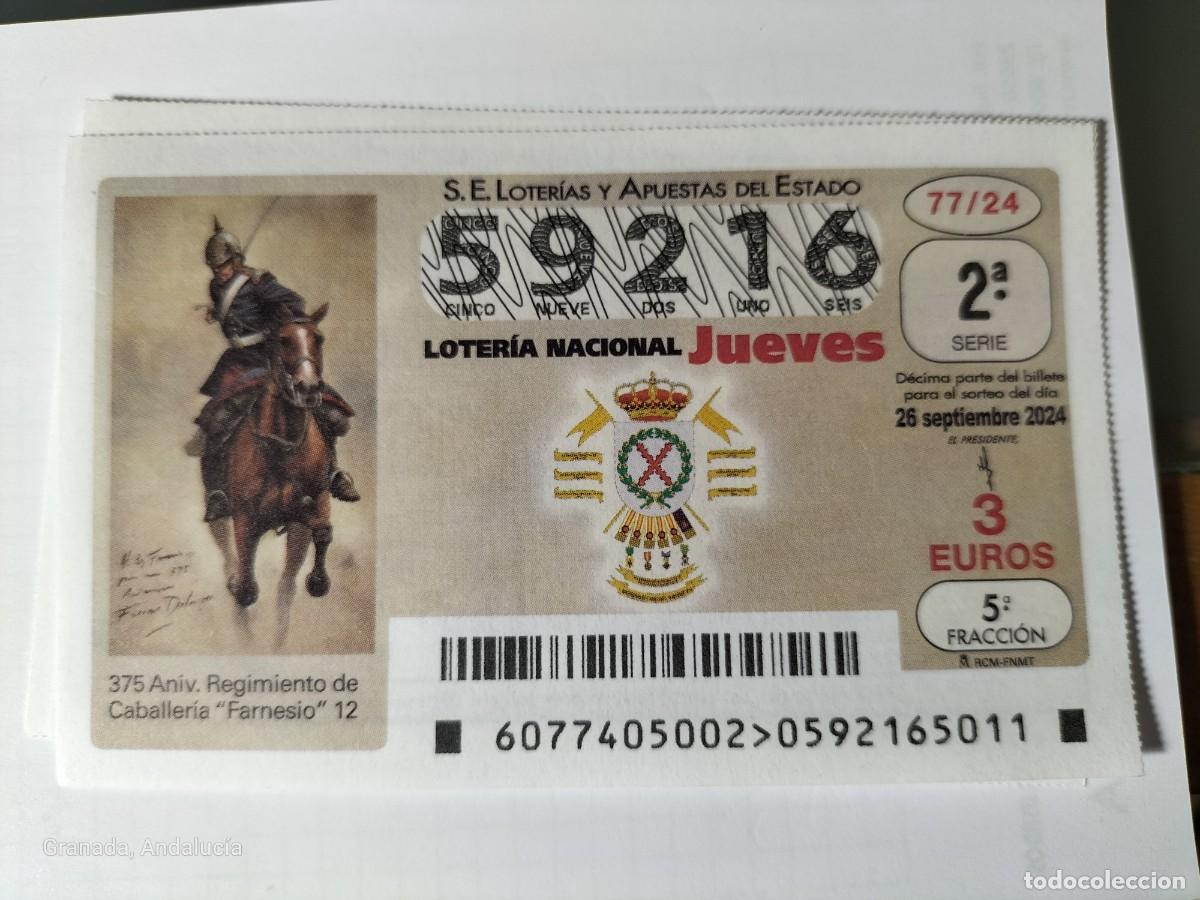 Lotaria Nacional: 1 D&Eacute;CIMO LOTER&Iacute;A JUEVES 26 SEPTIEMBRE 2024 77/24 - 375 ANIV REGIMIENTO CABALLERIA FARNESIO MILITAR