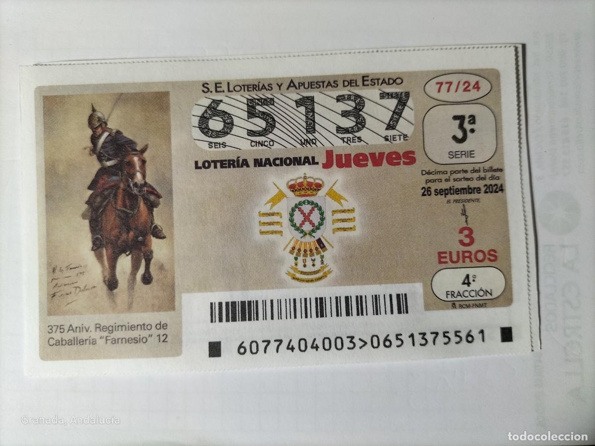 Loterie Nationale: 1 D&Eacute;CIMO LOTER&Iacute;A JUEVES 26 SEPTIEMBRE 2024 77/24 - 375 ANIV REGIMIENTO CABALLERIA FARNESIO MILITAR