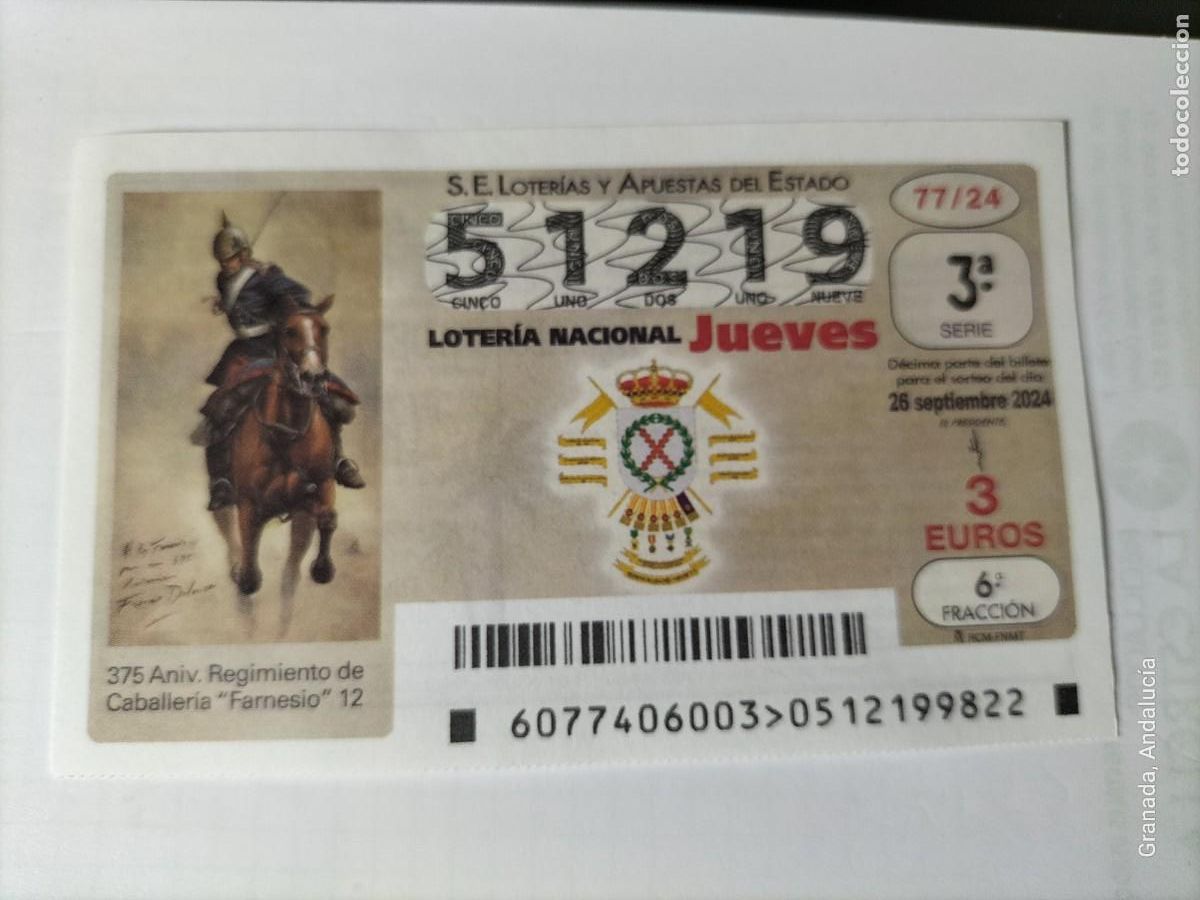 Loterie Nationale: 1 D&Eacute;CIMO LOTER&Iacute;A JUEVES 26 SEPTIEMBRE 2024 77/24 - 375 ANIV REGIMIENTO CABALLERIA FARNESIO MILITAR