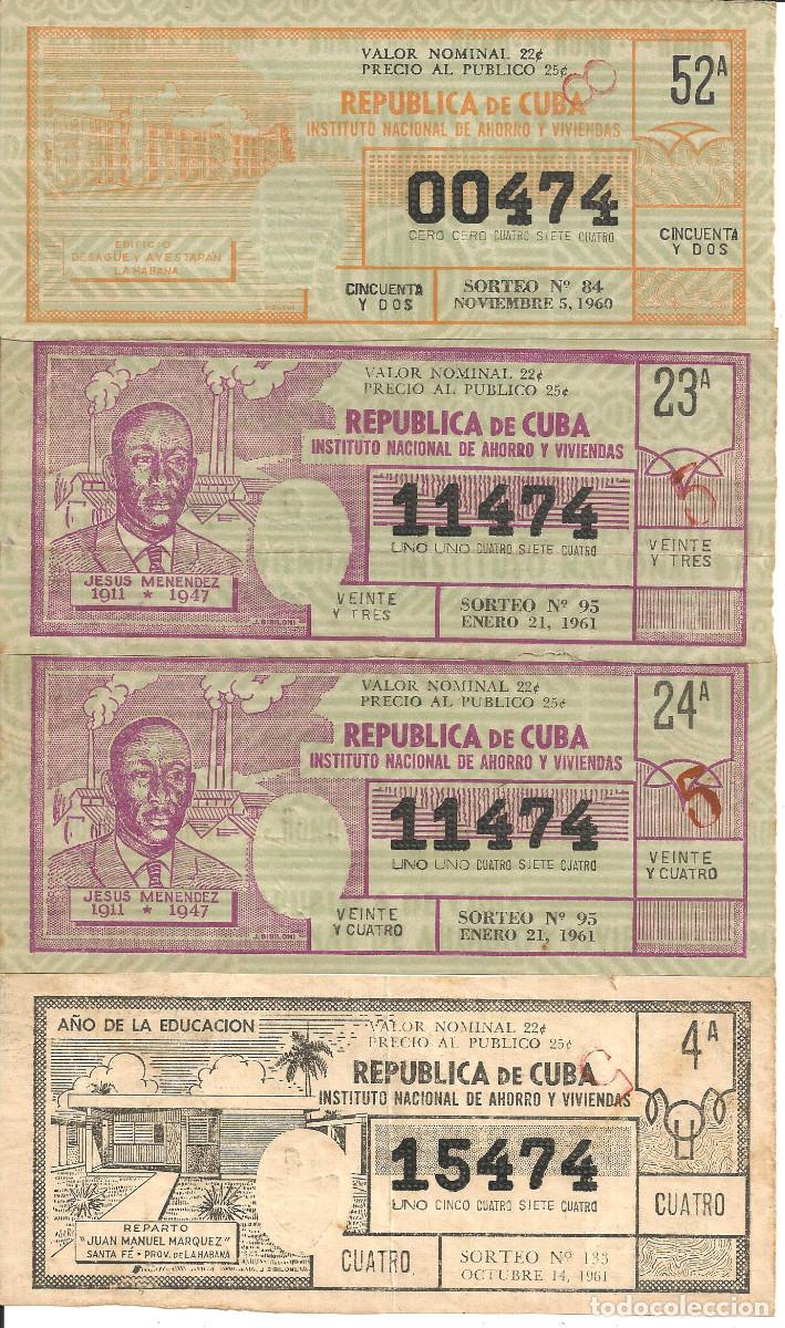 Nationale spanische Lotterie: 4 BOLETOS LOTERIA NACIONAL REPUBLICA DE CUBA - A&Ntilde;O 1960 Y 1961