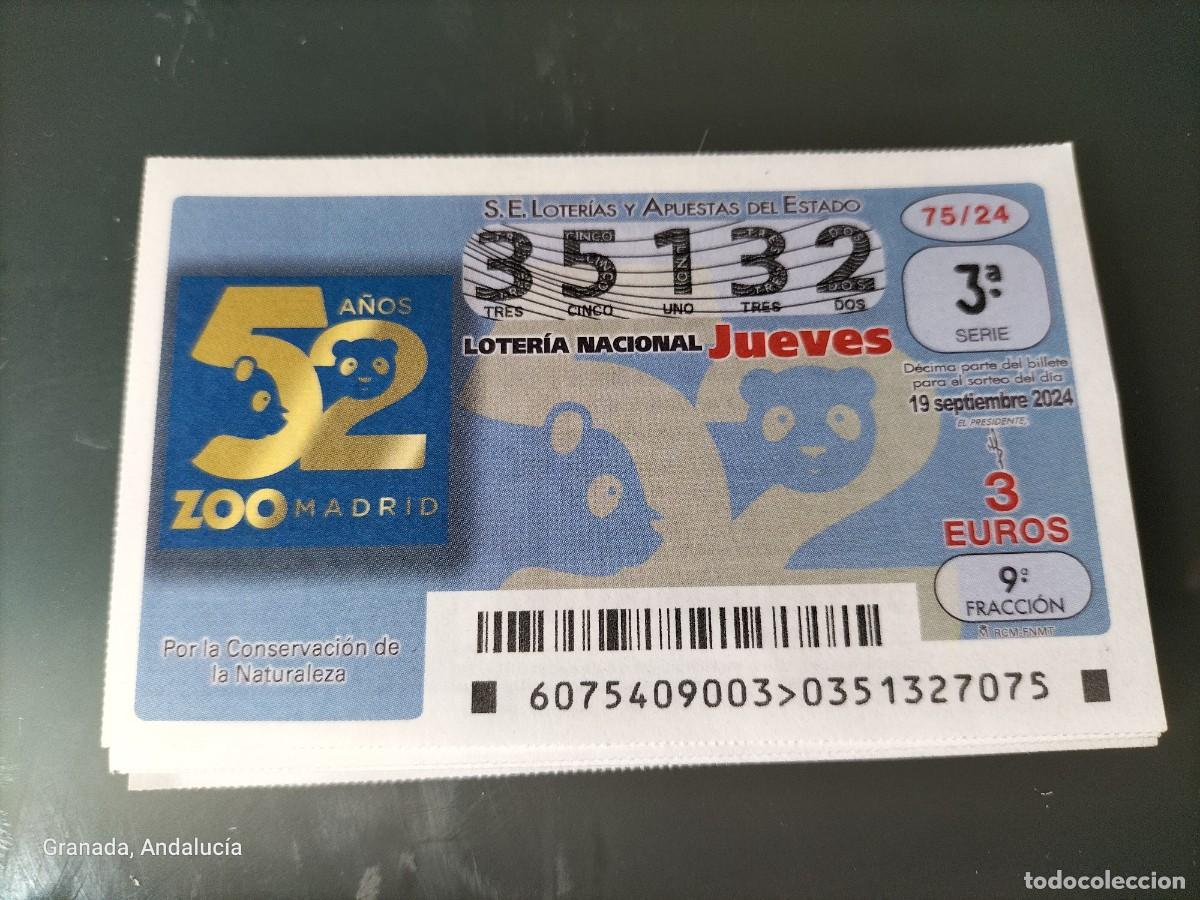 Loterie Nationale: 1 D&Eacute;CIMO LOTER&Iacute;A JUEVES 19 SEPTIEMBRE 2024 75/24 52 ANIVERSARIO DEL ZOO DE MADRID