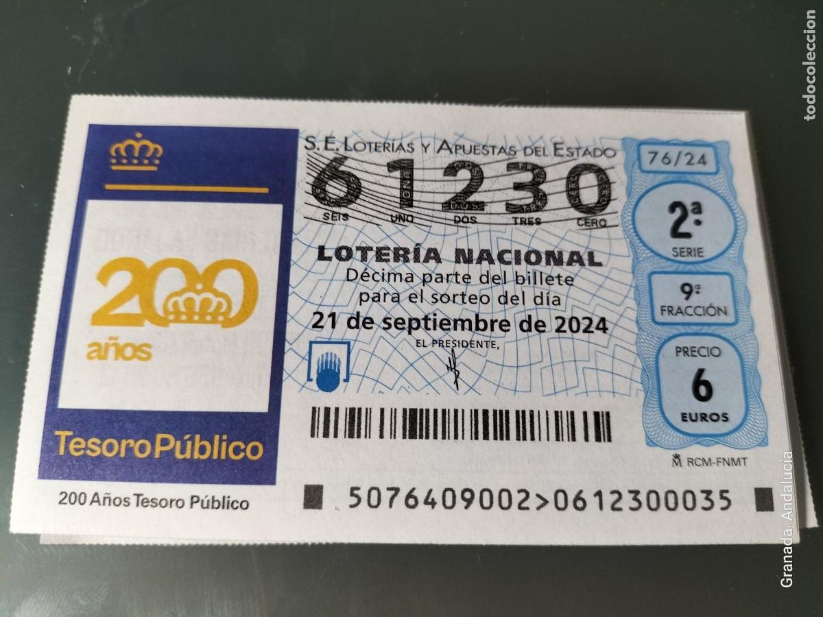 Loterie Nationale: 1 D&Eacute;CIMO LOTER&Iacute;A SABADO 21 SEPTIEMBRE 2024 76/24 52 TESORO P&Uacute;BLICO 200 A&Ntilde;OS
