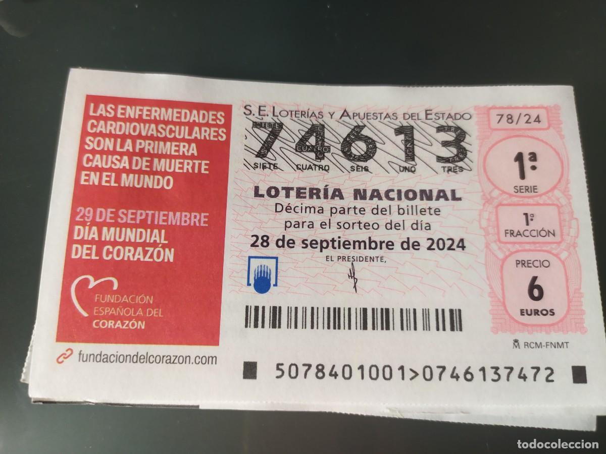 Nationale spanische Lotterie: 1 D&Eacute;CIMO LOTER&Iacute;A SABADO 28 SEPTIEMBRE 2024 78/24 DIA MUNDIAL CORAZON ENFERMEDADES CARDIOVASCULARES
