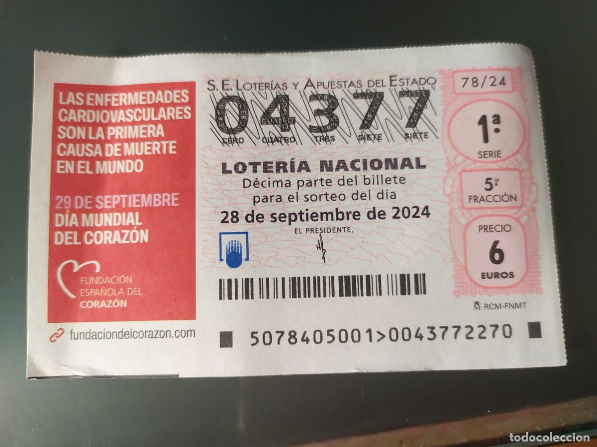 Nationale spanische Lotterie: 1 D&Eacute;CIMO LOTER&Iacute;A SABADO 28 SEPTIEMBRE 2024 78/24 DIA MUNDIAL CORAZON ENFERMEDADES CARDIOVASCULARES