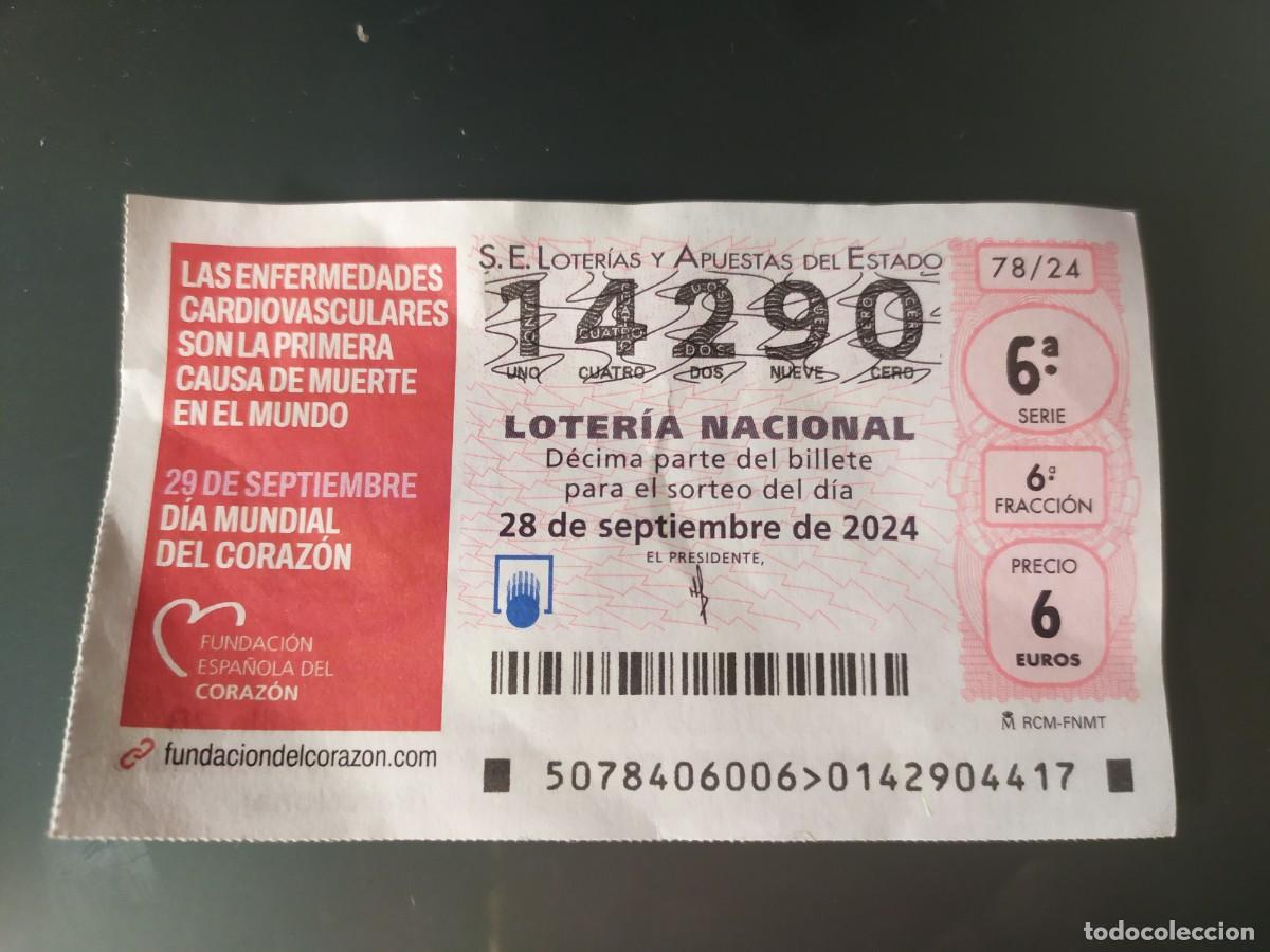 Nationale spanische Lotterie: 1 D&Eacute;CIMO LOTER&Iacute;A SABADO 28 SEPTIEMBRE 2024 78/24 DIA MUNDIAL CORAZON ENFERMEDADES CARDIOVASCULARES