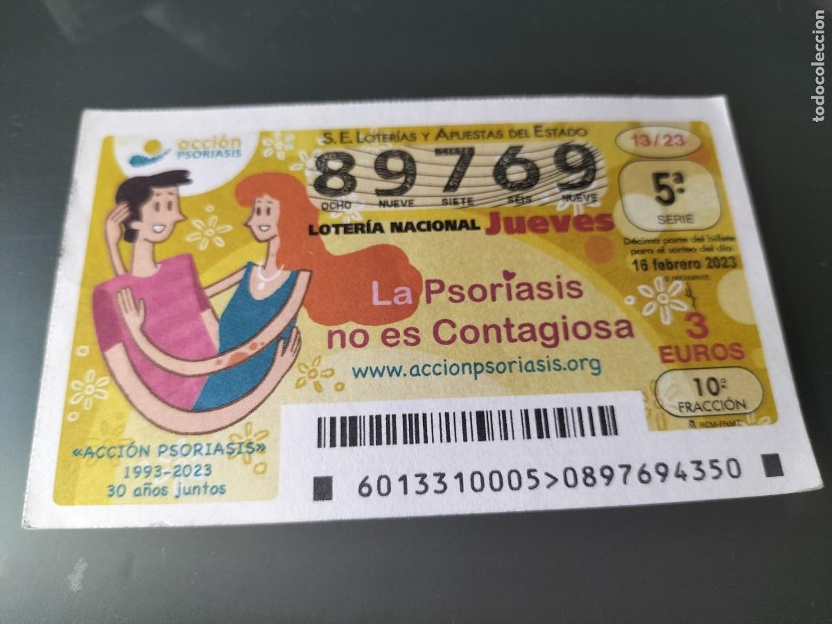 Nationale spanische Lotterie: 1 DECIMO LOTERIA JUEVES - 16 FEBRERO 2023 - 13/23 - ACCION PSORIASIS - ASOCIACION 30 A&Ntilde;OS