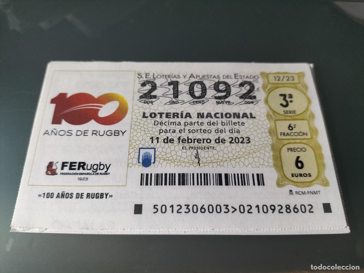 Nationale spanische Lotterie: 1 DECIMO LOTERIA SABADO - 11 FEBRERO 2023 - 12/23 - RUGBY 100 A&Ntilde;OS - ANIVERSARIO