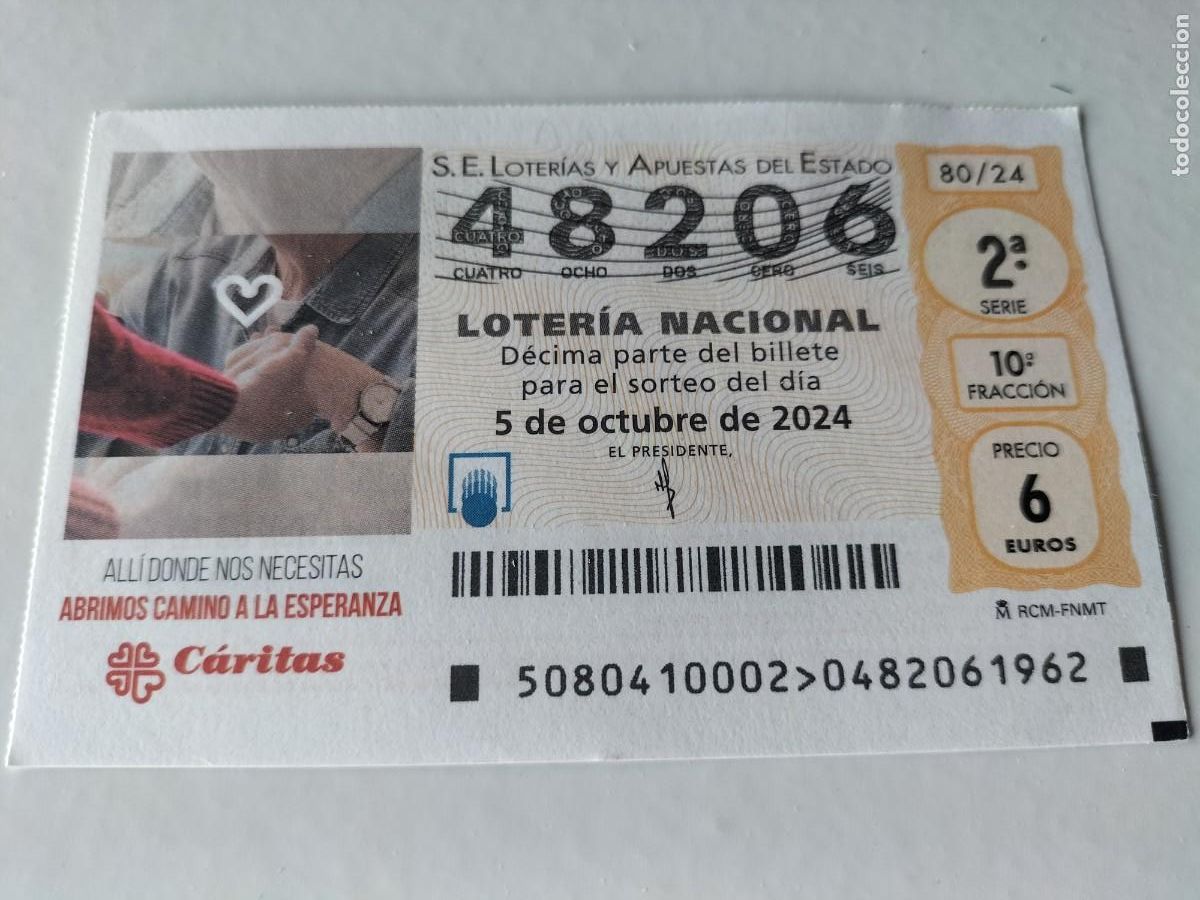 Nationale spanische Lotterie: 1 D&Eacute;CIMO LOTERIA SABADO - 5 OCTUBRE 2024 - 80/24 - CARITAS ALLI DONDE NOS NECESITAS