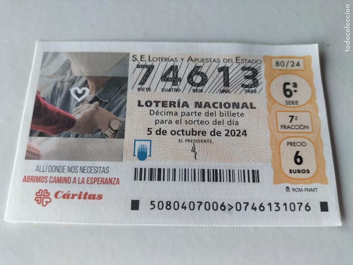 Nationale spanische Lotterie: 1 D&Eacute;CIMO LOTERIA SABADO - 5 OCTUBRE 2024 - 80/24 - CARITAS ALLI DONDE NOS NECESITAS
