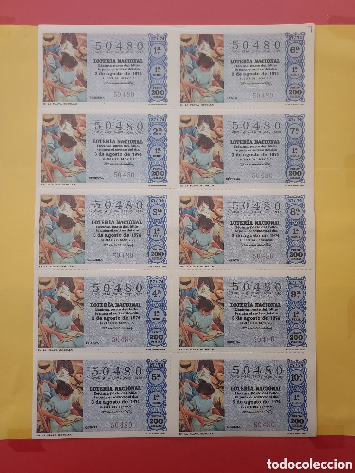 Loterie Nationale: A&Ntilde;O 1974 SORTEO 27 BILLETE DE 10 DECIMOS LOTER&Iacute;A NACIONAL DEL S&Aacute;BADO