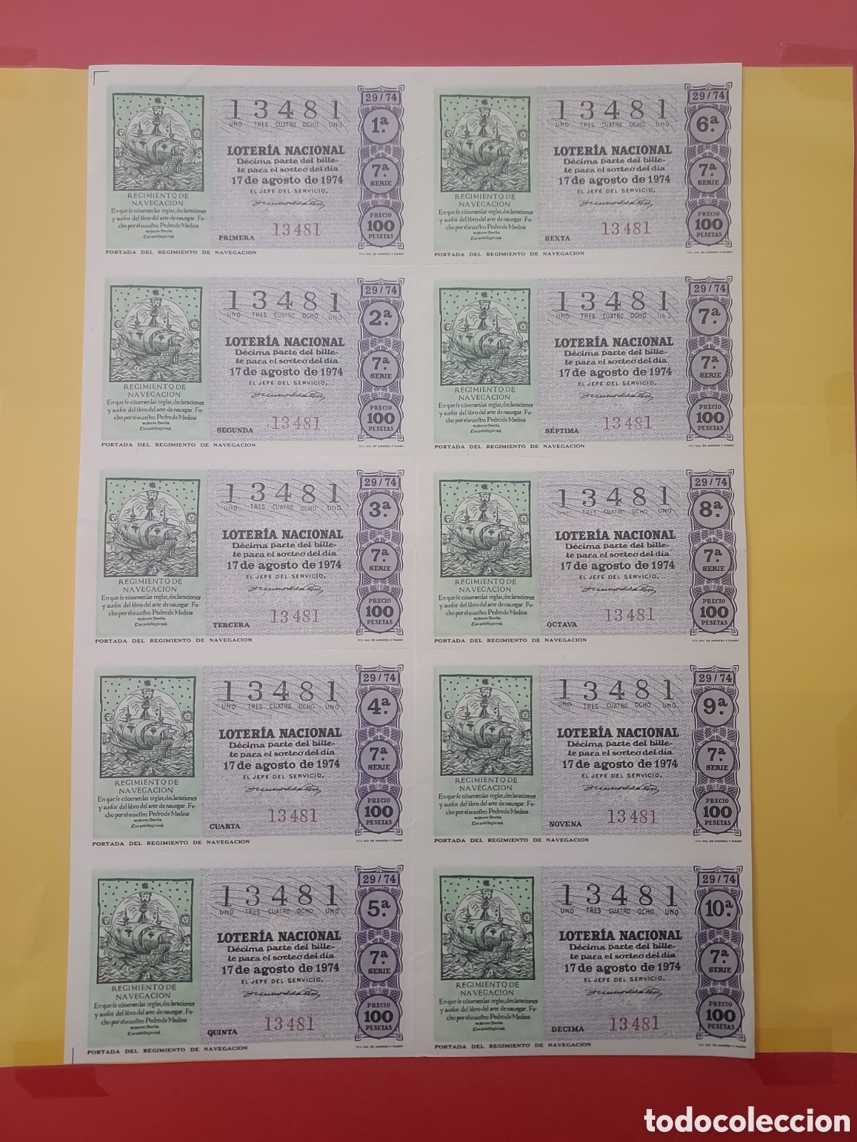 Loterie Nationale: A&Ntilde;O 1974 SORTEO 29 BILLETE DE 10 DECIMOS LOTER&Iacute;A NACIONAL DEL S&Aacute;BADO