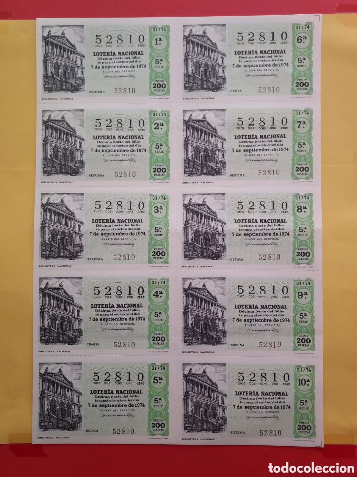 Loterie Nationale: A&Ntilde;O 1974 SORTEO 31 BILLETE DE 10 DECIMOS LOTER&Iacute;A NACIONAL DEL S&Aacute;BADO