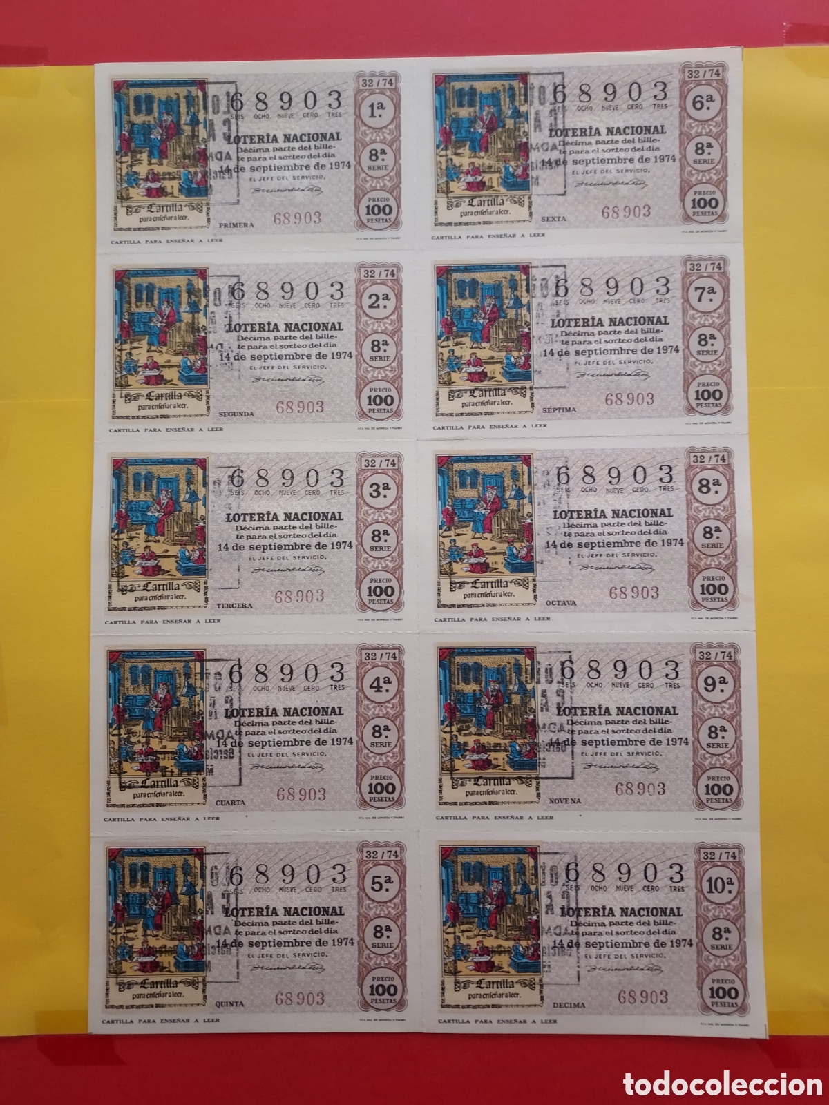 Loterie Nationale: A&Ntilde;O 1974 SORTEO 32 BILLETE DE 10 DECIMOS LOTER&Iacute;A NACIONAL DEL S&Aacute;BADO