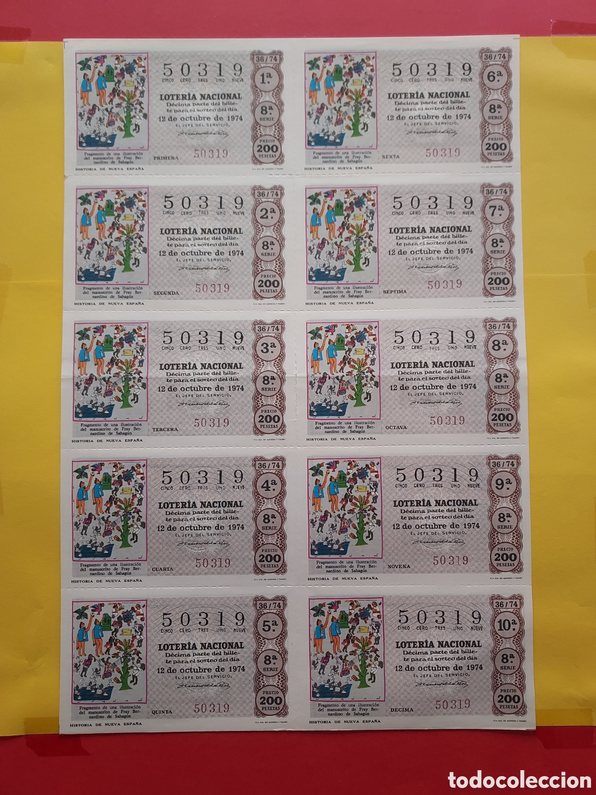 Loterie Nationale: A&Ntilde;O 1974 SORTEO 36 BILLETE DE 10 DECIMOS LOTER&Iacute;A NACIONAL DEL S&Aacute;BADO