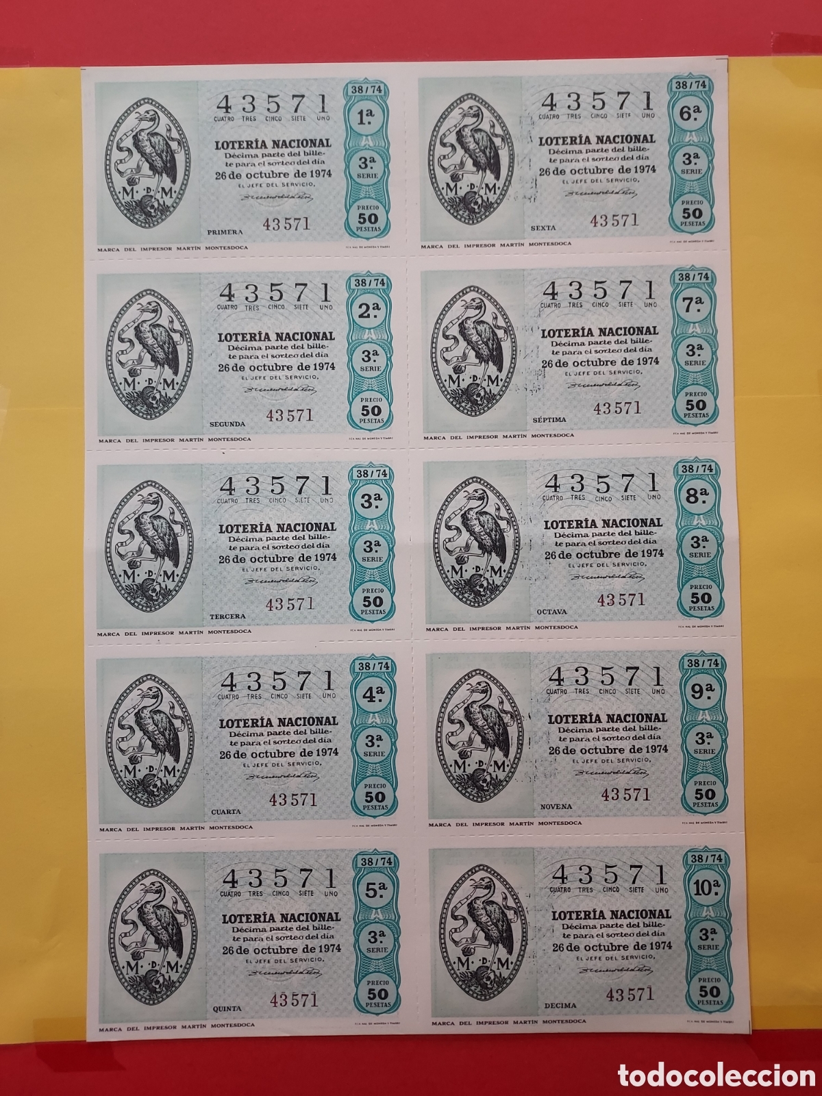 Loterie Nationale: A&Ntilde;O 1974 SORTEO 38 BILLETE DE 10 DECIMOS LOTER&Iacute;A NACIONAL DEL S&Aacute;BADO