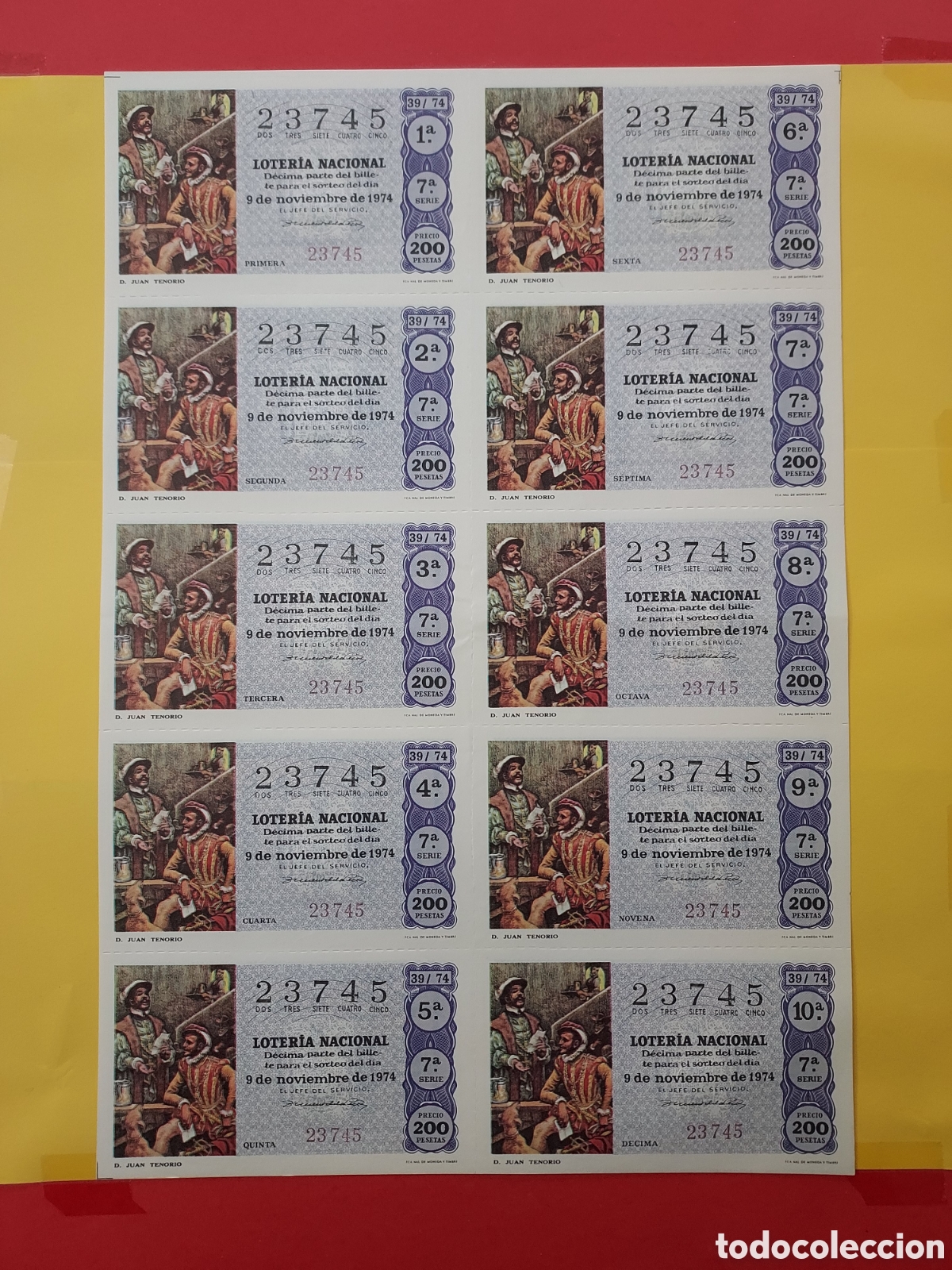 Loterie Nationale: A&Ntilde;O 1974 SORTEO 39 BILLETE DE 10 DECIMOS LOTER&Iacute;A NACIONAL DEL S&Aacute;BADO