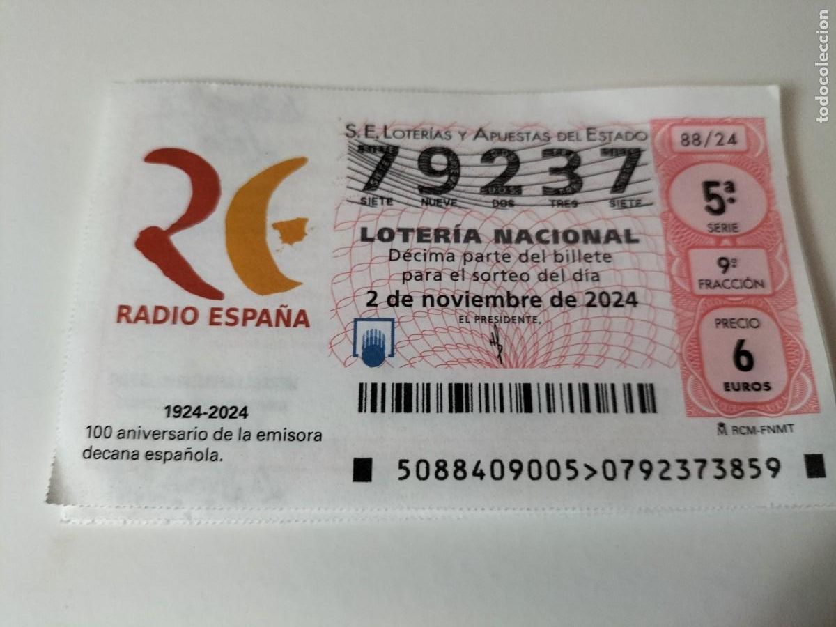 Loterie Nationale: 1 D&Eacute;CIMO LOTERIA SABADO - 2 NOVIEMBRE 2024 - 88/24 - RADIO ESPA&Ntilde;A - 100 ANIVERSARIO