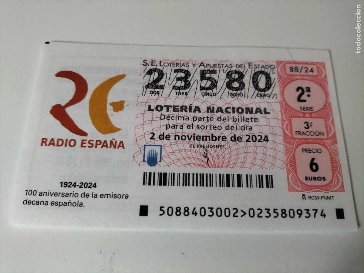 Loterie Nationale: 1 D&Eacute;CIMO LOTERIA SABADO - 2 NOVIEMBRE 2024 - 88/24 - RADIO ESPA&Ntilde;A - 100 ANIVERSARIO