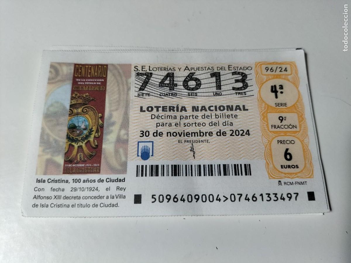 Loterie Nationale: 1 D&Eacute;CIMO LOTERIA SABADO 30 NOVIEMBRE 2024 - 96/24 ISLA CRISTINA - HUELVA 100 DE CIUDAD