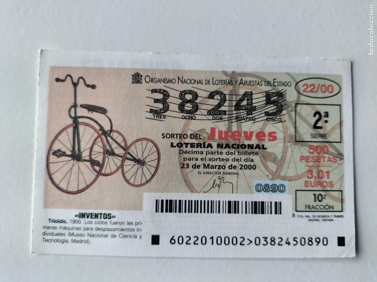 Nationale spanische Lotterie: 1 DECIMO LOTERIA JUEVES - 23 MARZO 2000 - 22/00 - INVENTOS - TRICICLO