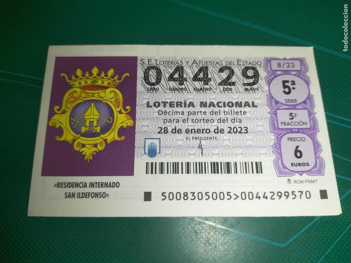 Nationale spanische Lotterie: 1 DECIMO LOTERIA SABADO 28 ENERO 2023 - 8/23 - RESIDENCIA INTERNADO SAN ILDEFONSO